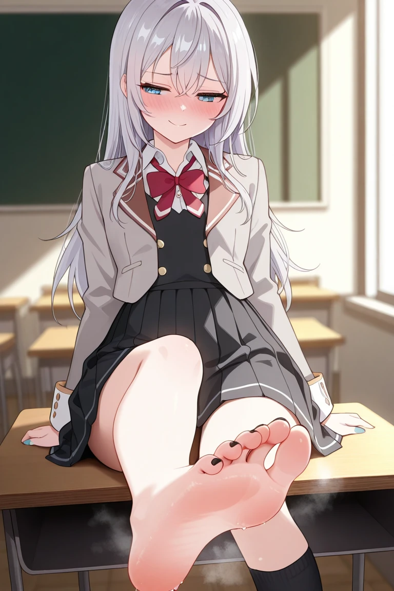 (masterpiece: 1.2, best quality), (real image, intricate details), 1 lady, alone, very slim body, small hip, showing feet, feet, school, school setting, long hair, minimal makeup, detailed face, hair very long light platinum blonde, bangs, hair between the eyes, green eyes, big breasts, small ass, clothing, school uniform, school skirt, school shirt, uniform, show the soles of the feet, show the feet, feet, correct the foot anatomy, (school classroom), (school), (perfect foot), (small feet), (showing feet), (five toes on each foot)