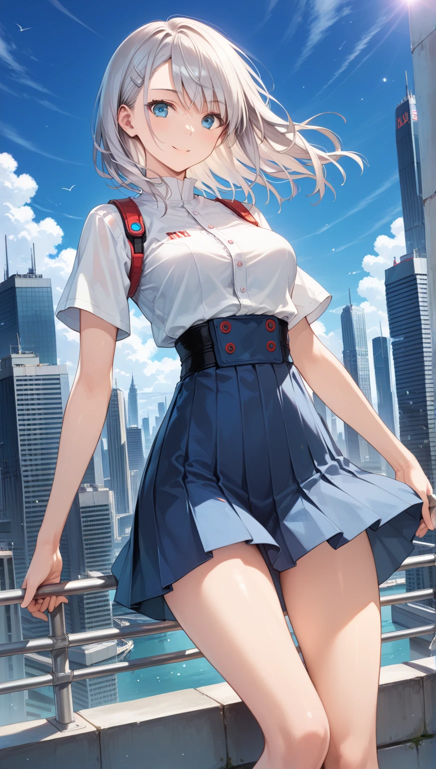 ((highest quality, masterpiece, disorganized) ,supergirl,Crab crotch,M-shaped legs,please show me your boots , 17 years old,long hair, hair with volume, hair loss, expressive eyes,Blue Bodysuit,red skirt,red heel boots,blue leotard,view of other buildings ,defeat,detailed description,solo 1 girl,full body shot,masturbation,Shame on you,Stain your face red,Watery eye,