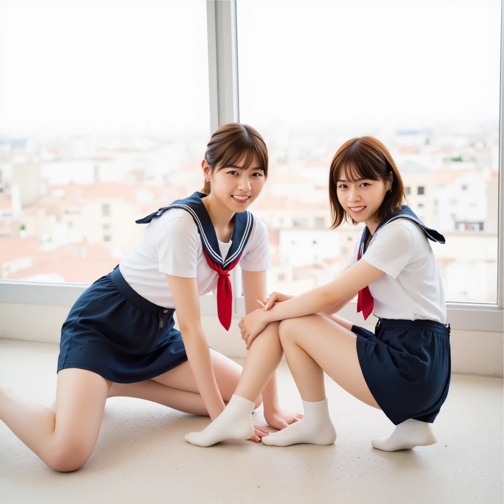 Two beautiful women、18year old 、student clothes、a miniskirt、body shot、80mm、A smile、bangss、Sit on a chair and open legs、NSFW