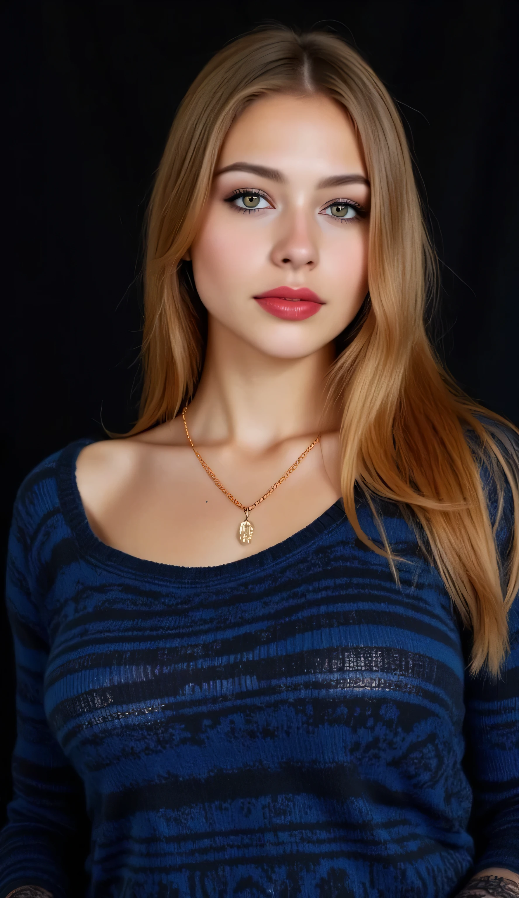 ((realism, photorealistic, life-like photograph)), beautiful French 18year supermodel, very long wavy straight blonde hair with light ginger highlights, blackout eyeshadow, red lips, blue eyes, blue black pattern sweater, ((((portrait, closeup face, she has a very dark suntan, her tan skin is flawless)))), delicate copper chain necklace, she's standing in a dynamic full-body modeling pose, slight side view, nothing in the background but a black screen at her modeling shoot