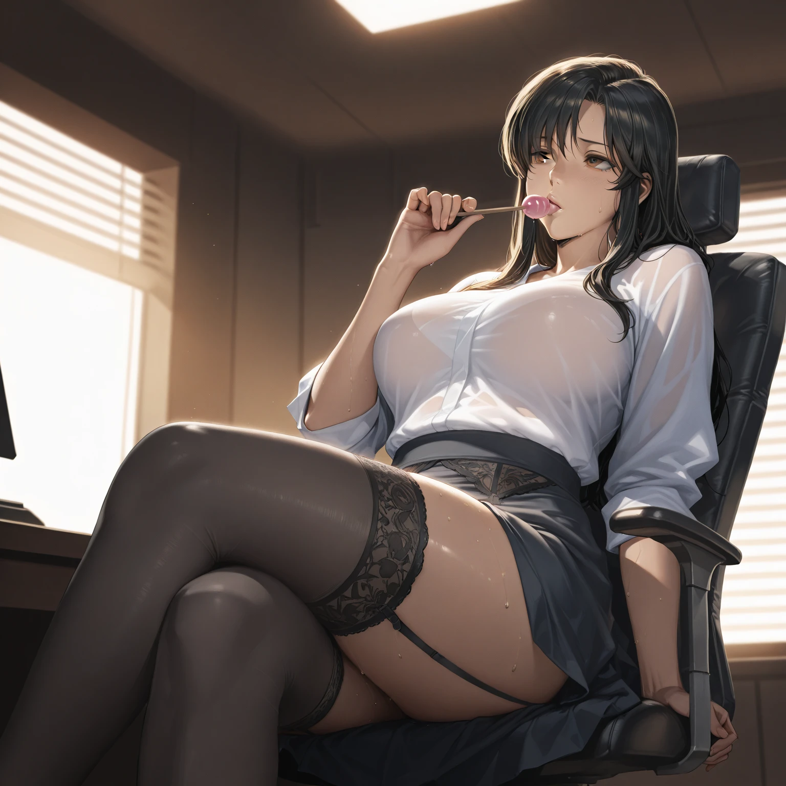 (nsfw),masterpiece,beautiful face,realistic,japanese woman,ultra detailed,(upskirt),necklace,earring,string-only and t-frontpurple panties:1.2),white formal blouse,black pencil skirt,on chair,(spreading legs:1.4),(at office),,(mature sensual female,seductive,black hair:1.2),35 years old,(tareme:1.2),(curvy body:1),wetty pussy,beautiful,touching pussy,humid,aroused,in heat,look at viewer,showing undies,(pubic hair:1.1),from below,pov