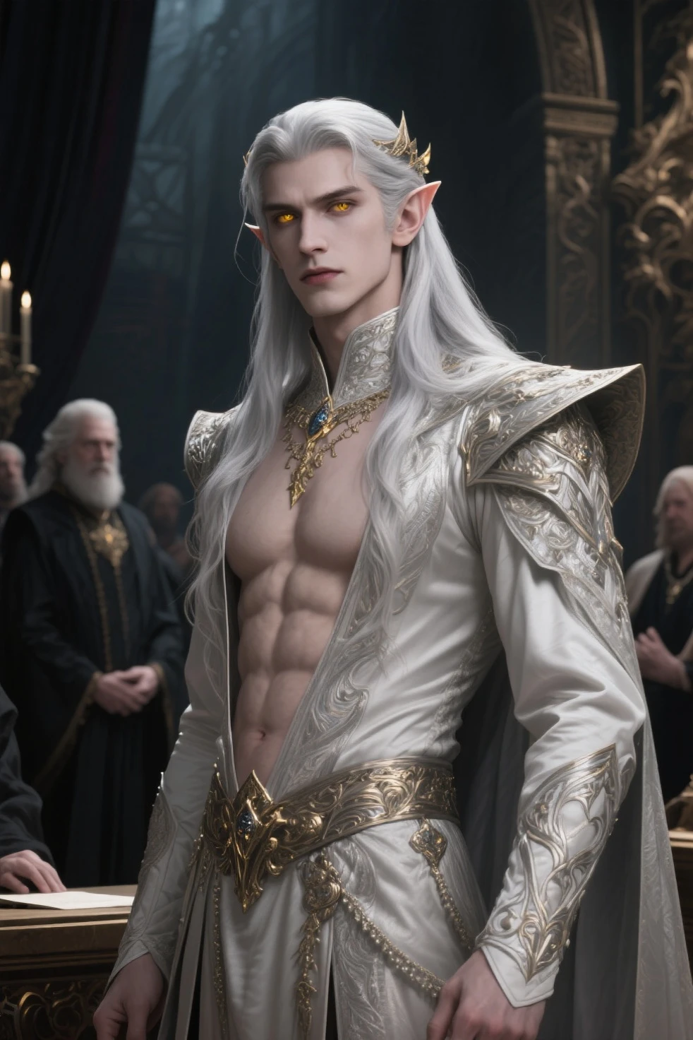 Absurdres, Masterpiece, Excellent, a tall handsome muscular young man, solo, perfect facial features, (short hairstyle:1.5), sexy gaze, beautiful, gorgeous, wet, digital painting, (wizard), slimming, elf, gray pupils, (floating crystal ball), wizard outfit, relax, detailed background, Fantasy, Magical, Mystical, Ethereal, Unique Style, Surreal, Symbolic, magical tattoos, looking at the viewers romantically,