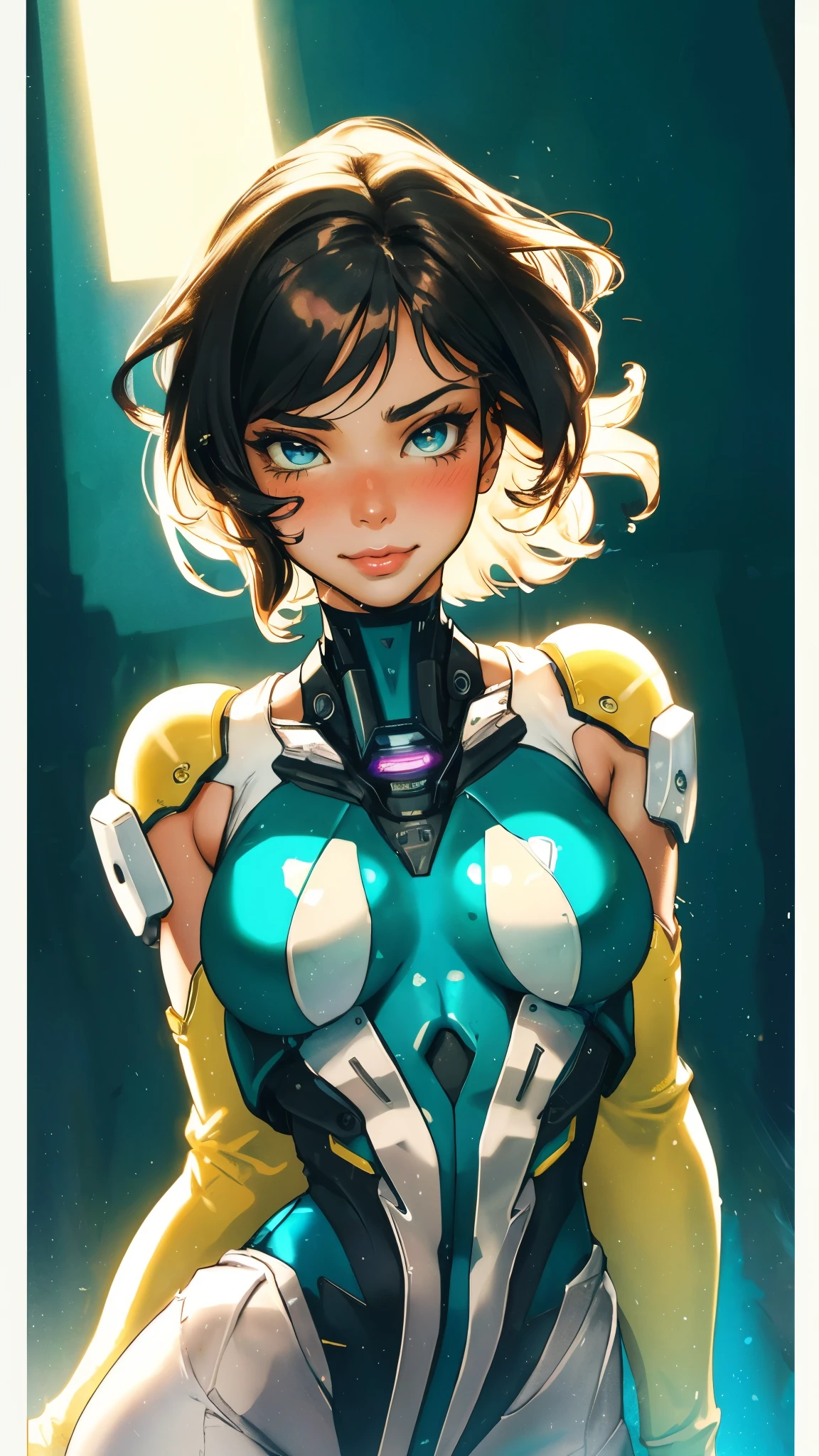 masterpiece, best quality, a beautiful woman with long shiny hair, choppy bangs, delicate face, passionate gaze, perfect smille, blush, seductive expression, tall and fit figure, perfect body, perfect skin, seductive pose, sexy Futuristic Technological Nanogel Clothing, the color scheme is primarily White with Green accents, this character embodies a finely crafted sexy beauty, exquisite and mature art style, mikoyan, anime aesthetic, simple shading, cell shading, goddess, feminine, exquisite photography, depth of field, bokeh, photorealistic, even and soft lighting on face, dramatic, high definition, highres, ultra detailed, professional photo, perfect body proportions, anatomically correct, symmetrical face, extremely detailed eyes and face, perfect eyes, high quality eyes, creativity, RAW photo, UHD, 32k, portrait lighting, cinematic lighting, (masterpiece-anatomy-perfect:1.2)