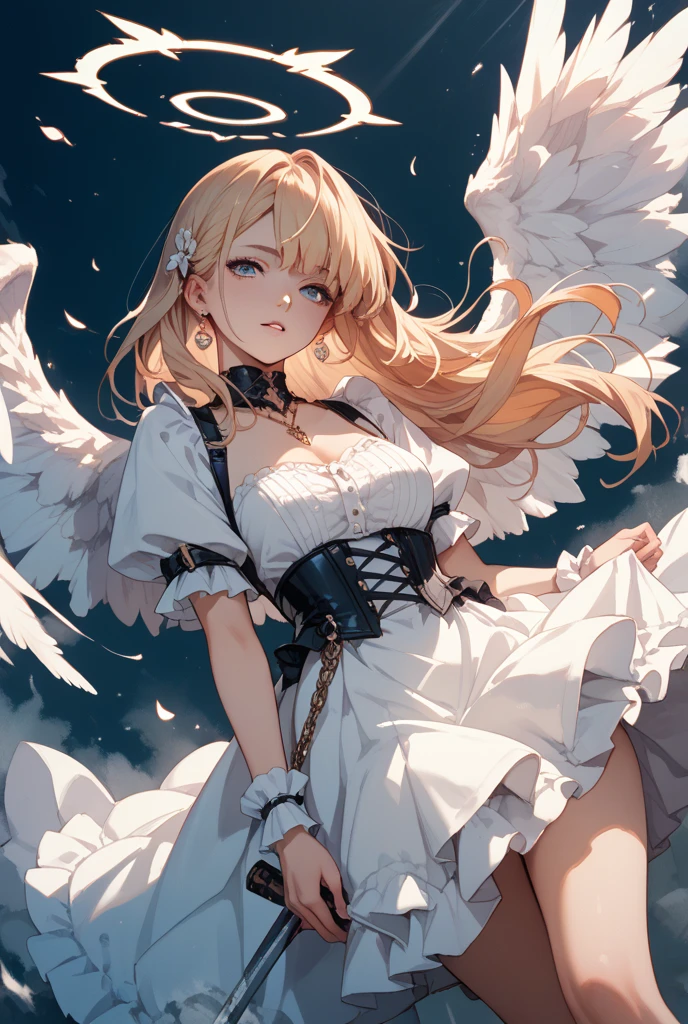 Nero、blanche、blue、rot,(Best quality at best, ultra - detailed, A high resolution, extremely detremely detailed CG),wide wide shot,Dead angel standing on the edge of the cliff,She is beautiful,mistic,Fanatics, iintricate, Surreal,Exquisite