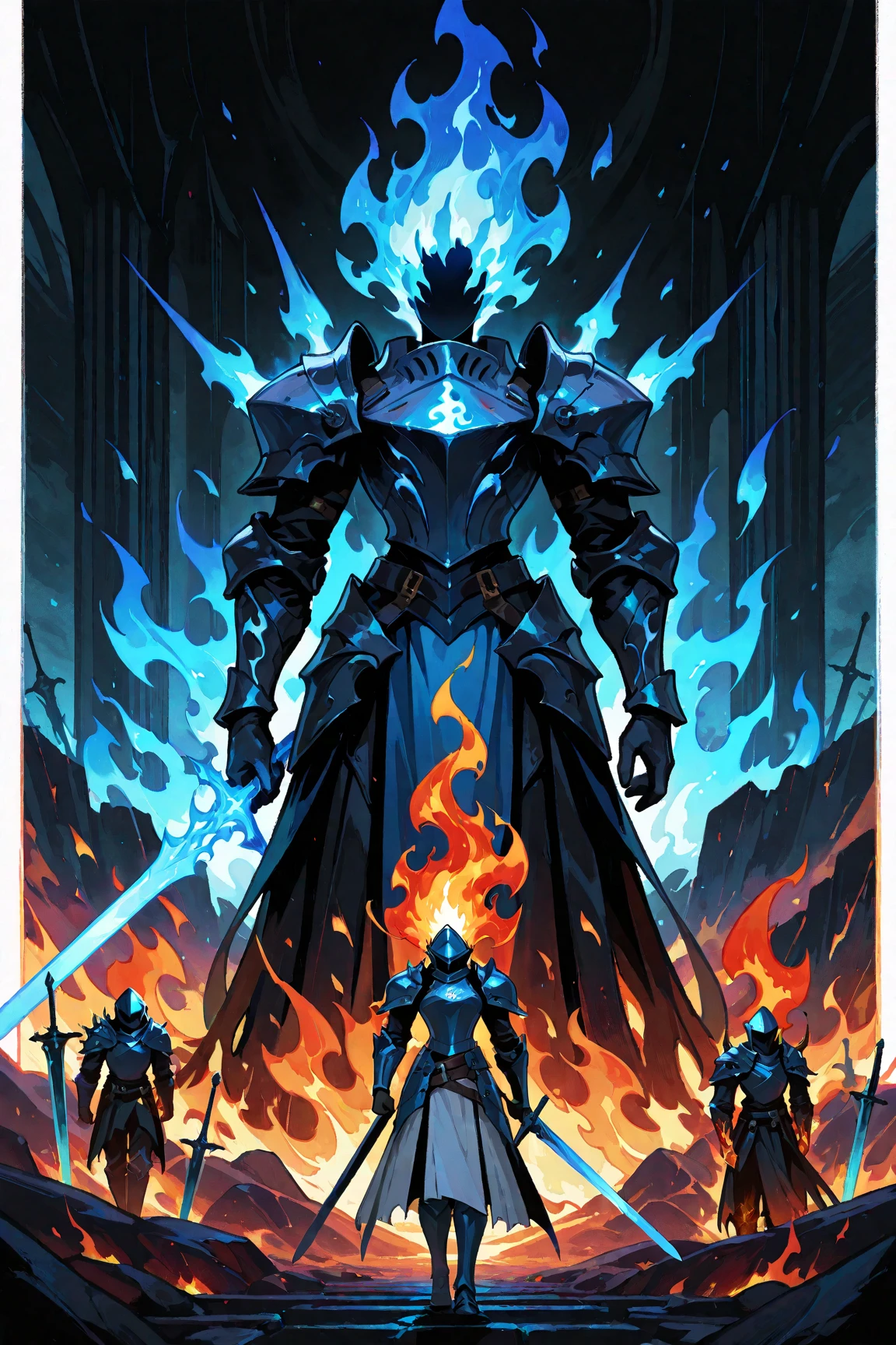 a blue topaz style ant hill with a sword and shield, there are skulls around and treasures,it was surrounded by  burning fire, with some visual effects,fantasy,3D,HdR, 4k upscale, v--4.