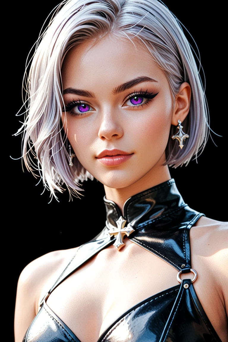 (dramatic:1. 4), hyper detailed , cover magazine featuring a realistic sexy girl with, a pretty face, white hair, (bob long haircut style), purple eyes, (sexy school uniform:1. 2), vivid colors, 8k, UHD, HDR, (Masterpiece:1. 5), (best quality:1. 5), hypers sexualized