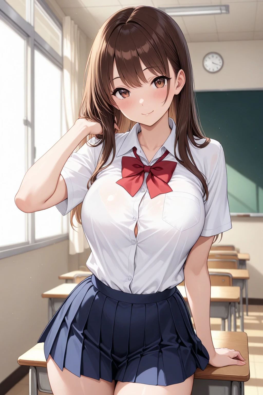 (premium:1.32), (The ultra -The high definition:1.4), (High resolution: 1.3), (CG Unity 8k Wallpapers:1.2), (Detailed eyes and skin.:1.35), (detailed facial features:1.25), (detailed students:1.36), precise and perfect human body structure, (textured skin: 1.26), high level image quality、Large file size、fulcolor、low noise、
(photorealistic, Many award-winning photos: 1.27), Depth of fields, shaded by sunlight、
Show white teeth and smile., chest neckline, big and full breasts, sexy thighs, ABS,
(poneyTail: 1.47), Brown hair, (blue eyes: 1.28), thick bangs, blue ribbon,
((high school uniform: 1.4)), Jackets、shirt、Red tie、pleated skirt、High socks、tokyo prefecture、fighting cross、An urban landscape、