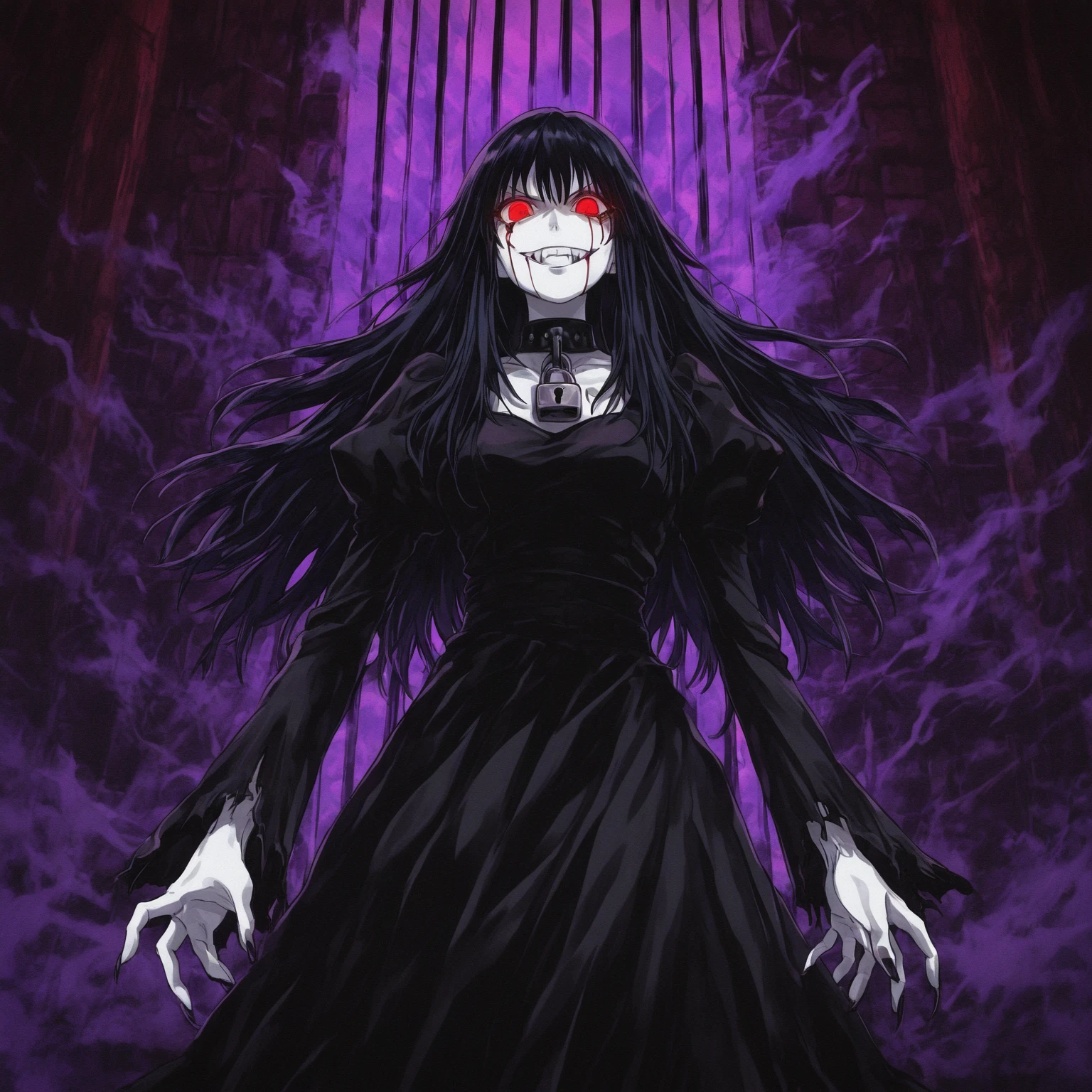 <lora:Character Yomotsu Shikome (Shin Megami Tensei):0.8>Yomotsu Shikome, black hair, extremally long hair, horror (theme), triangular headpiece, glowing eyes