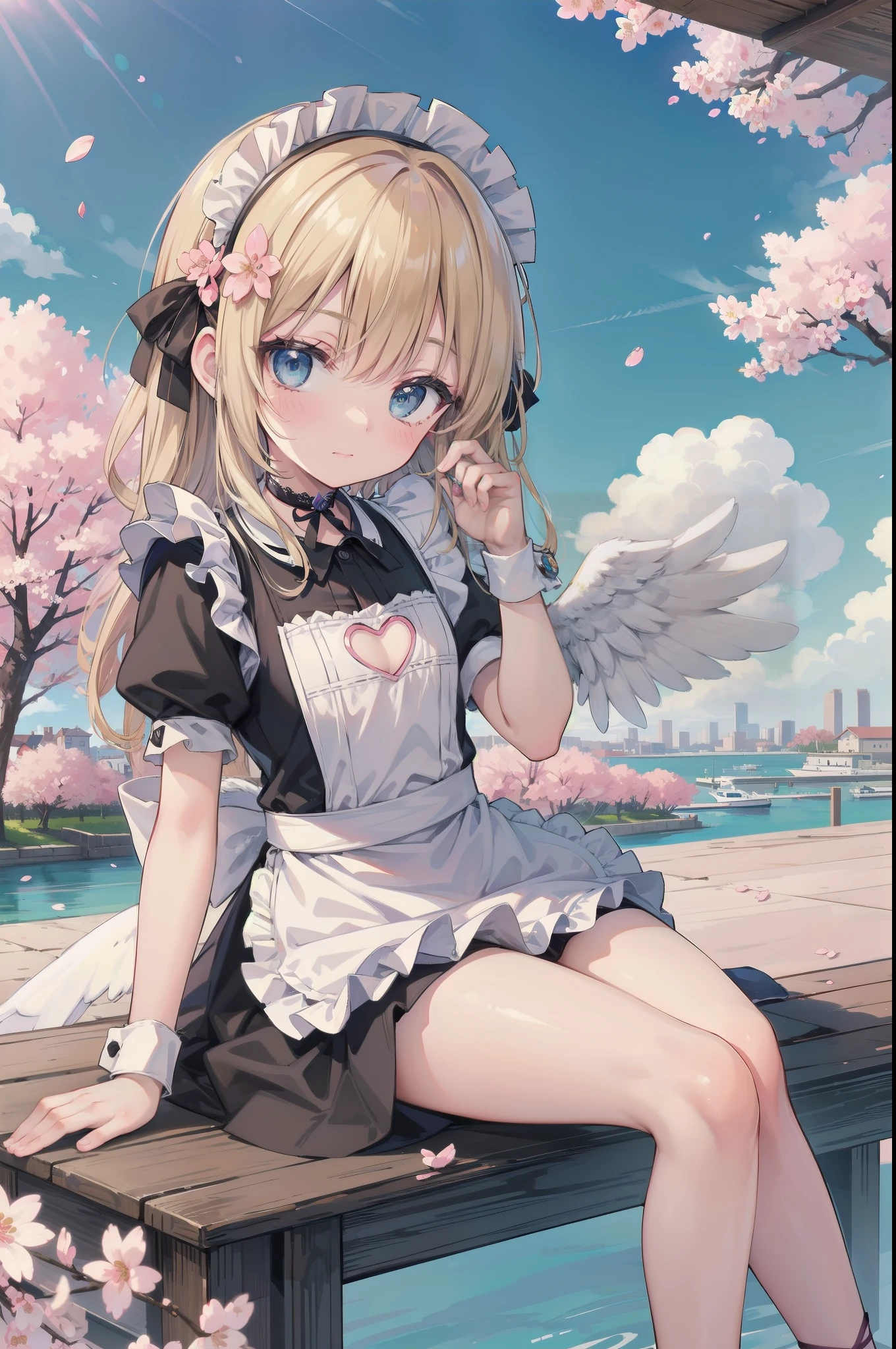 Gently stare, by krenz Cassiato , Asuka, is sitting, Asuka, anime styleイラスト, official art, High Quality Animated Art, high resolution, anime style, (Cherry Blossom Little angel Maid:1.5),
Playful yet elegant maid mini dress in deep pink and white,
with heart-shaped chest cutout and tiny black lace details along hem,
Small glossy black horns decorated with tiny sakura flowers, matching forked tail with pink satin bow,
Black ribbon choker with sakura charm,
and lace-up heels with sakura petals caught in ribbons,
blending mischievous allure with springtime charm,
BREAK
(face close-up:1.5), (NSFW:1.2), ( blond and blue eyed), head accessory, (flat chest:0.8), (blue sky:1.6),