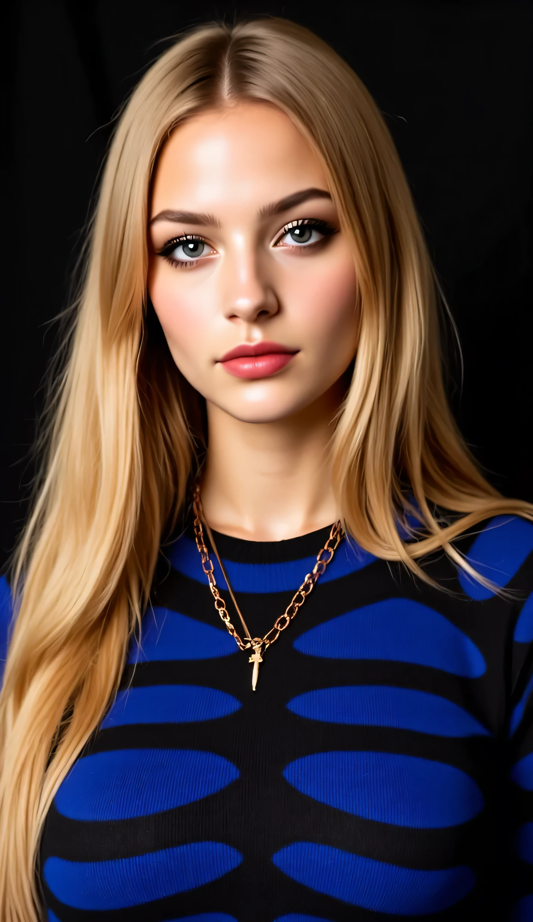 ((realism, photorealistic, life-like photograph)), beautiful French 18year supermodel, very long wavy straight blonde hair with light ginger highlights, blackout eyeshadow, red lips, blue eyes, blue black pattern sweater, ((((portrait, closeup face, she has a very dark suntan, her tan skin is flawless)))), delicate copper chain necklace, she's standing in a dynamic full-body modeling pose, slight side view, nothing in the background but a black screen at her modeling shoot