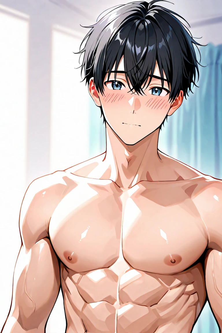 high quality, (japanese teen boy fucks japanese teen boy:1.5), (detailed eyes), (black long hair), (muscle:1.5), naked, (dark wet skin), (detailed puffy nipples:1.1), (boy's face Focus), cum on face,