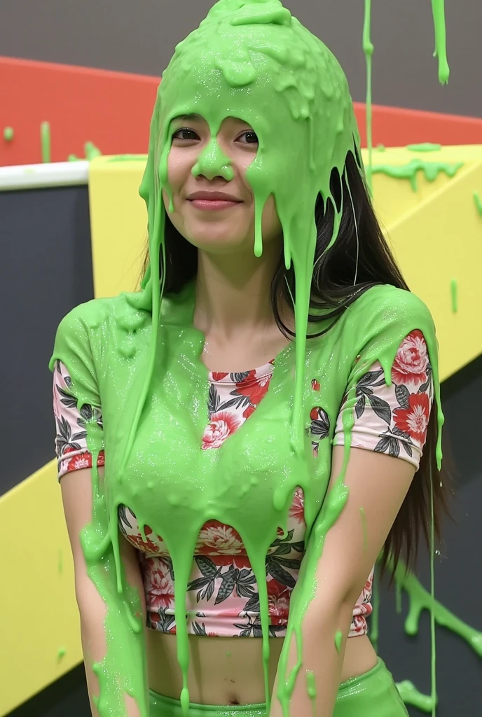 8k, hd, masterpiece, hyper realistic, photo realistic, (Canon50: 1.3), (Asian woman screaming in pain: 1.9), school uniform, white shirt and skirt, (inside game show set: 1.9), game show studio, trivia, cleavage, beautiful face, delicate eyes, detailed faces, (wet slime dripping down both women: 1.5), wet slime drips from ceiling