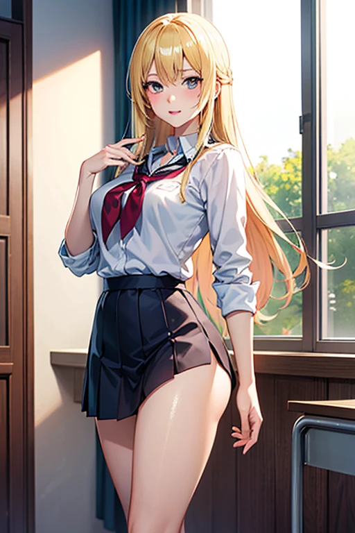Blonde with blue eyes,Deferred expression,JK Campus,Tall and tall,Beautiful small breasts,red blush,Navy blue skirt,up skirt,It's okay to wear a skirt, I can see my panties,Roll up your clothes,校服,(((tucking up the skirt:1.3)))、(((White panties are visible)))、Pleated miniskirt