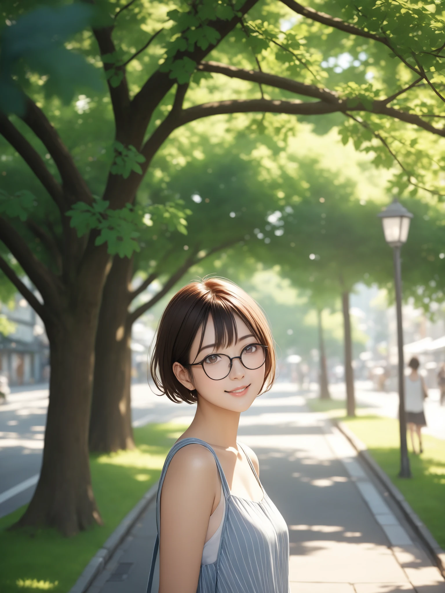 Fresh green scenery、Realistic street tree texture、street snaps、、4K、Professional、pictures撮影、 delicate shade 、bokeh background、Early summer atmosphere、sunny day、 gentle light 、 Soft Shadows、full of detailed information、Glasses girl、short hair、pictures、live-action、