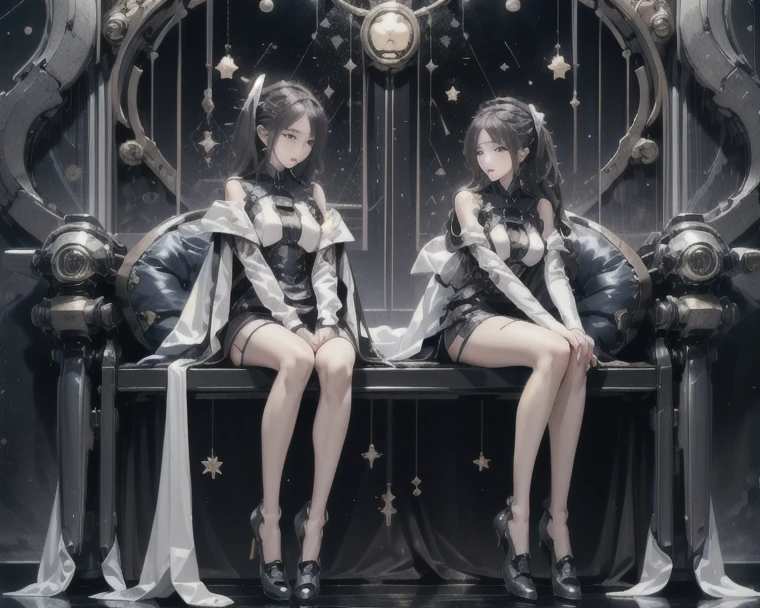 Star Fairy、(masterpiece, best quality), 1girl, sitting on the crescent moon、「A beautifully printed galaxy patterned kimono and gothic lolita outfit.、Space pattern box pleated mini skirt with ruffles、Front view portrait、Knee-high boots、enchanting eyes、Perfect and stunning face、exquisite details、clear image、highest quality。」Milky white and light blue gradient long straight hair、
