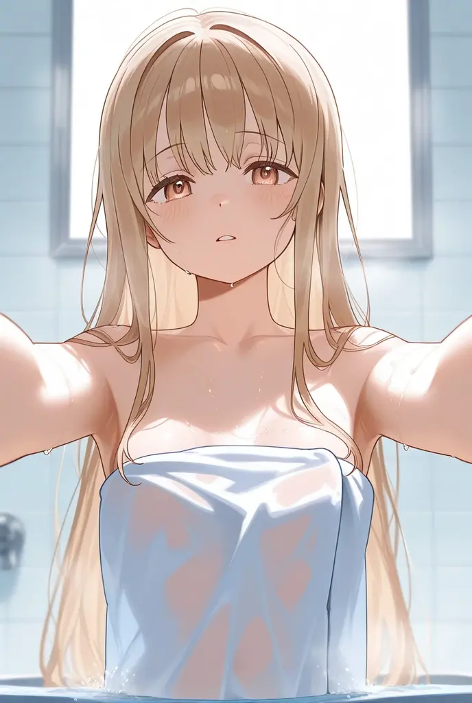 Girl with small breasts, short, elementary school student, blonde, long hair to the waist, green eyes, fishy eyes, shy, bathroom, bathroom, naked in the bathroom Young face, short, next door has a younger sister, the younger sister is also naked, the girl and the younger sister are in a deep kiss with their eyes closed, the girl and the younger sister are touching each other's breasts