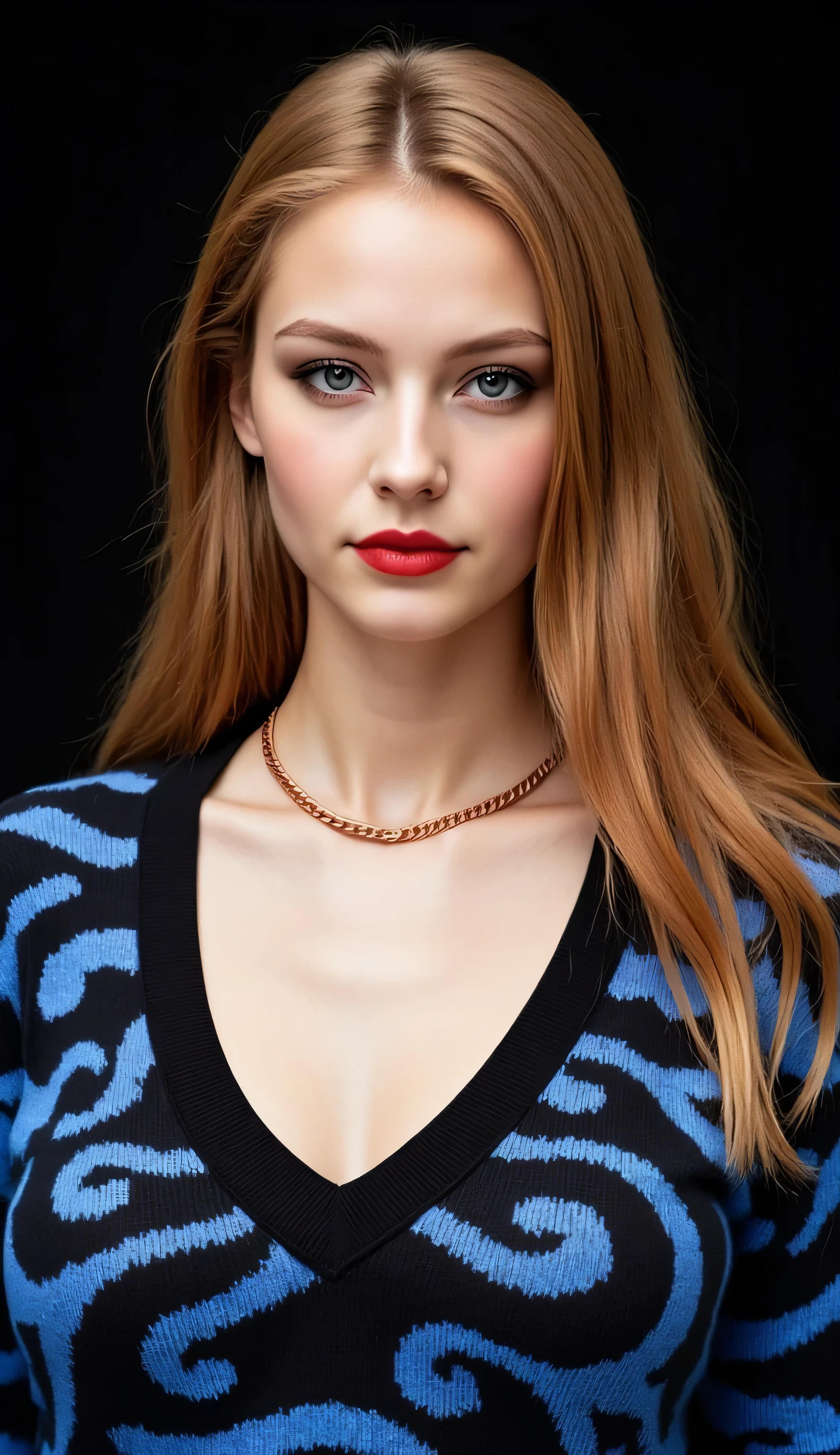 ((realism, photorealistic, life-like photograph)), beautiful French 18year supermodel, very long wavy straight blonde hair with light ginger highlights, blackout eyeshadow, red lips, blue eyes, blue black pattern sweater, ((((portrait, closeup face, she has a very dark suntan, her tan skin is flawless)))), delicate copper chain necklace, she's standing in a dynamic full-body modeling pose, slight side view, nothing in the background but a black screen at her modeling shoot