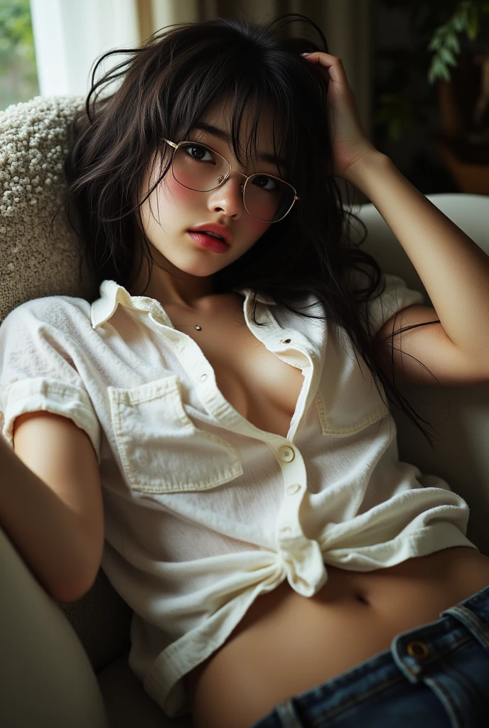 ((best quality, 8k, masterpiece: 1.3)), beautiful korean girl, pure, Melon face, kind and cute, light smile, pure desire, slim body, (front), (tilted head), long brown wavy hair, windy hair, Long flowing shoulders, big round black eyes, Round glasses, Clear, big eyes, moist red lips, sweet, Lying with my legs spread on a comfortable black sofa in a cafe, blurred background, bright lights, dehisce, Pleading Eyes, ((((whole body)))), sexy slim legs, small firm breasts, lift up your skirt, ((Slender muscular body)), (M legs:1.5), ((Lifting the skirt:1.5)), Wearing a white short-sleeved shirt, (open shirt:1.3), Gray Braided Mini Skirt, White panties under skirt, tilted head, (holding a weapon, Arms over head), Focus on her legs