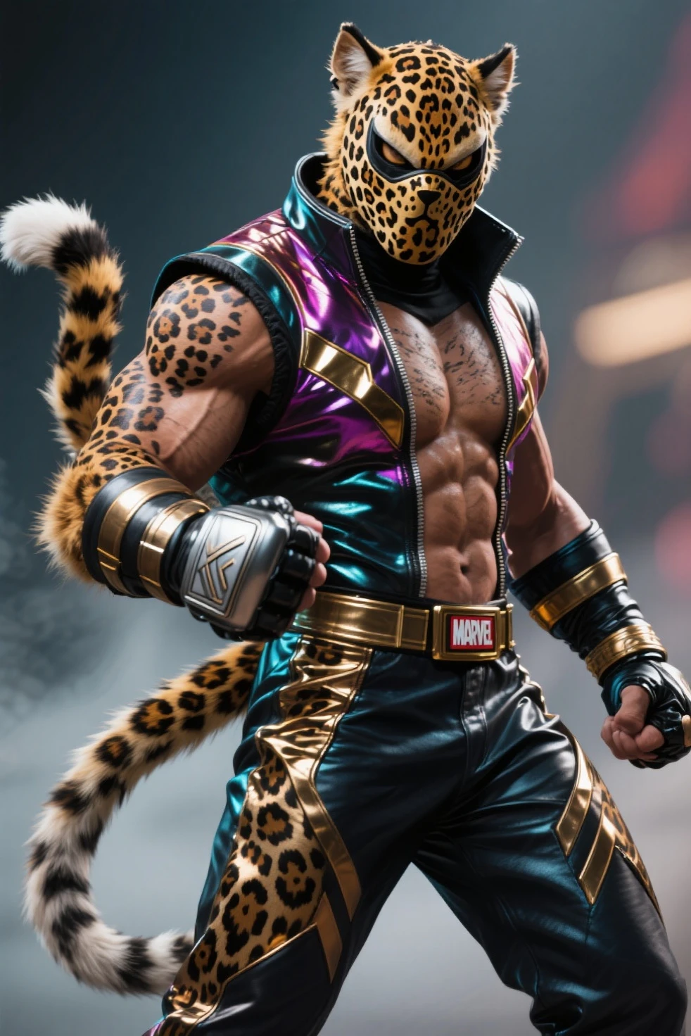Arafed man with a monkey mask and a chain around his neck., saints row fursuit tails mod, second life avatar, he wears an eye patch, upper body avatar, fur : tjalf sparnaay, fluffy orange fur, hairy chest, as a tekken character, wearing an eye patch, Wear shiny black glasses, shirtless technoviking man