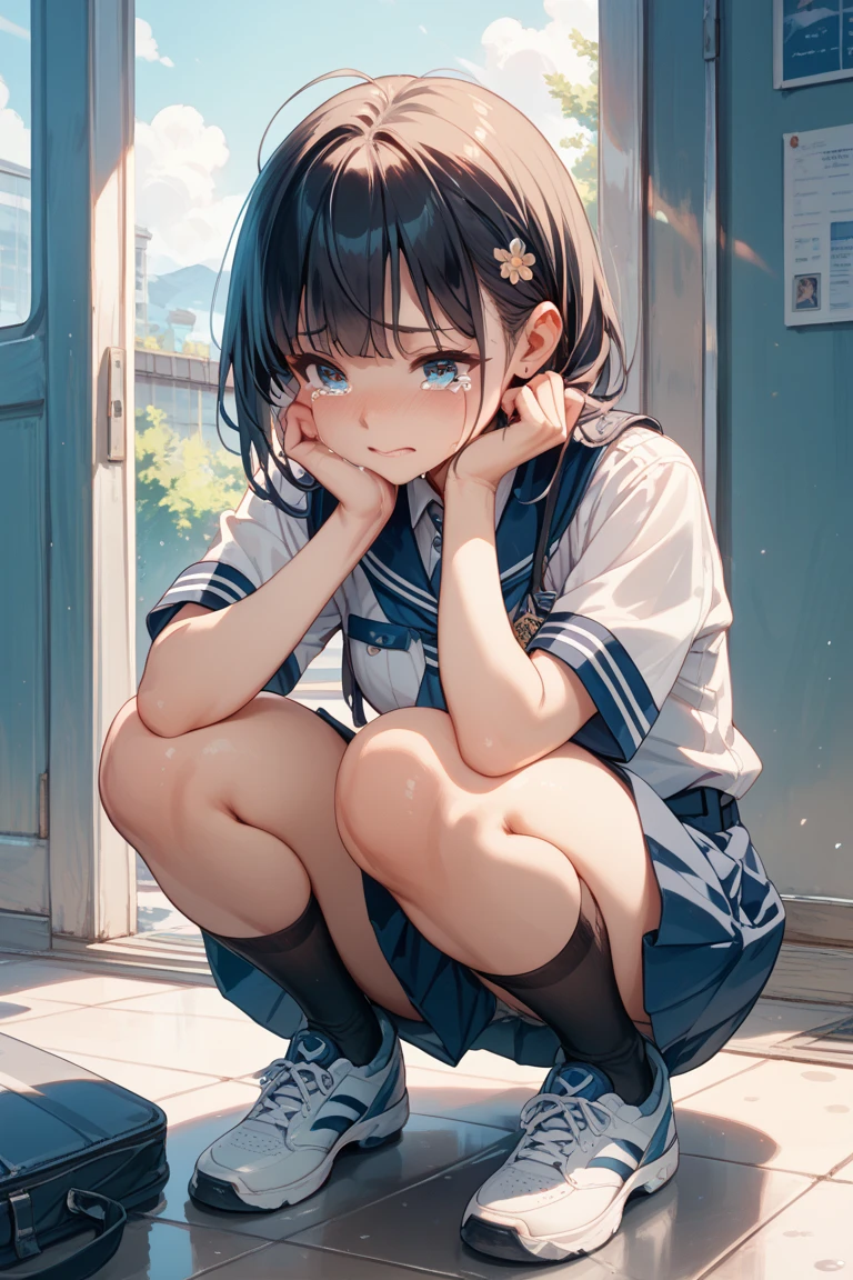 Sexy school girl, ((soaking wet)) on her knees,((( pees her panties ))), peeing, drooling