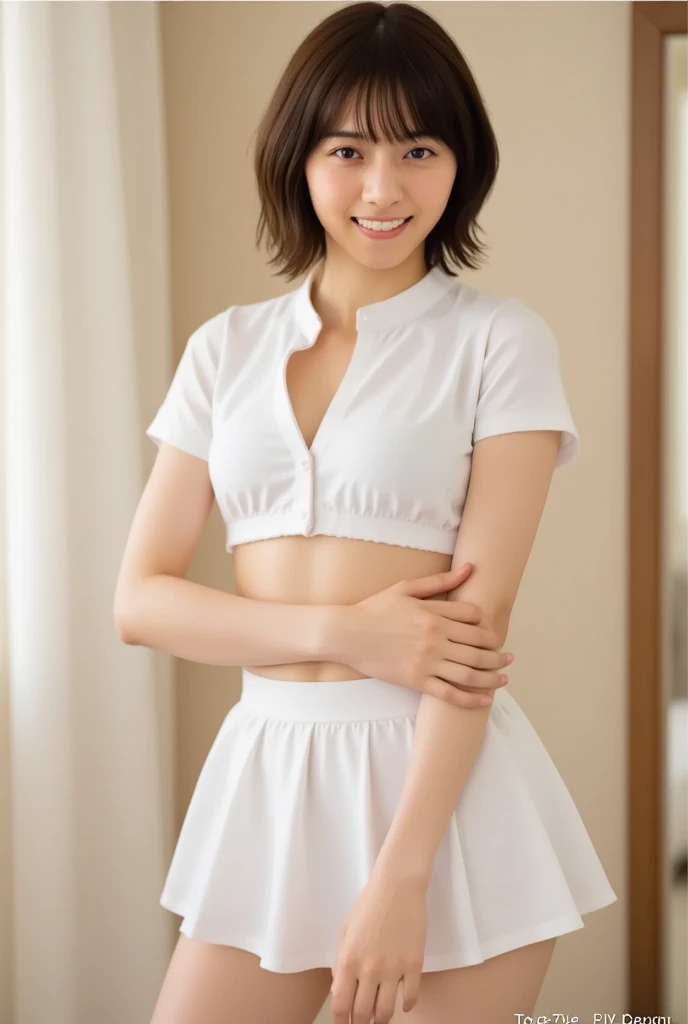 Neat and clean high school girl、(Long white silk camisole、White panties)、Outside the athletics field、(slim)、Photorealistic、detailed, Skin Texture, Super detailed、Delicate and sexy collarbone、A sloppy smile、Super detailed face、Lips、Detailed Eyes、Small breasts、Small breasts、、Small breasts、Flat Chest、Chest emphasis、Bright face、((Are standing、White panties are visible from under the skirt、Lift the hem of your skirt slightly with both hands,,)), Short hair with bangs、Straight bob hair、、Angle from top、10 years old