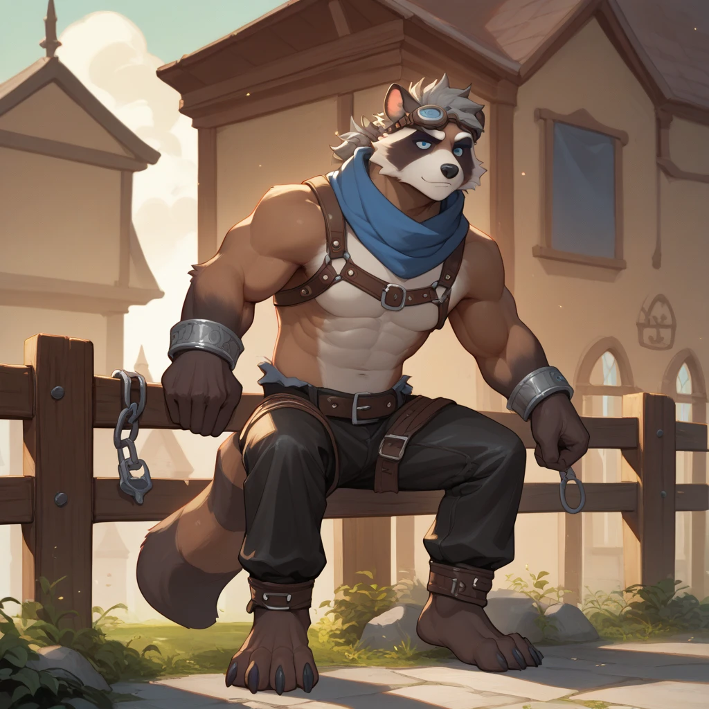 By Taran Fiddler, one man, anthro canine (Bearded Grizzly bear), adult male, elderly, slightly wrinkled face, black eyebrows, stern facial expression, grumpy, bushy mustache, mustache covering mouth, slightly short height, dilf, hand on butt, wearing a poopy diaper, From Behind,