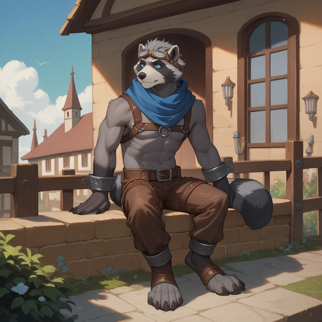 Solo, male, walking at tavern, bulge, by bigcozyorca, by goonie-san, by bebebebebe, by spikedmauler, front view, big buff , wolf tyrannosaurus hybrid,  black fur, purple fur, bushy tail, buff, wearing brown fantasy leather armor, tall, masculine,  bulge, sexy, playful, joyful expression 