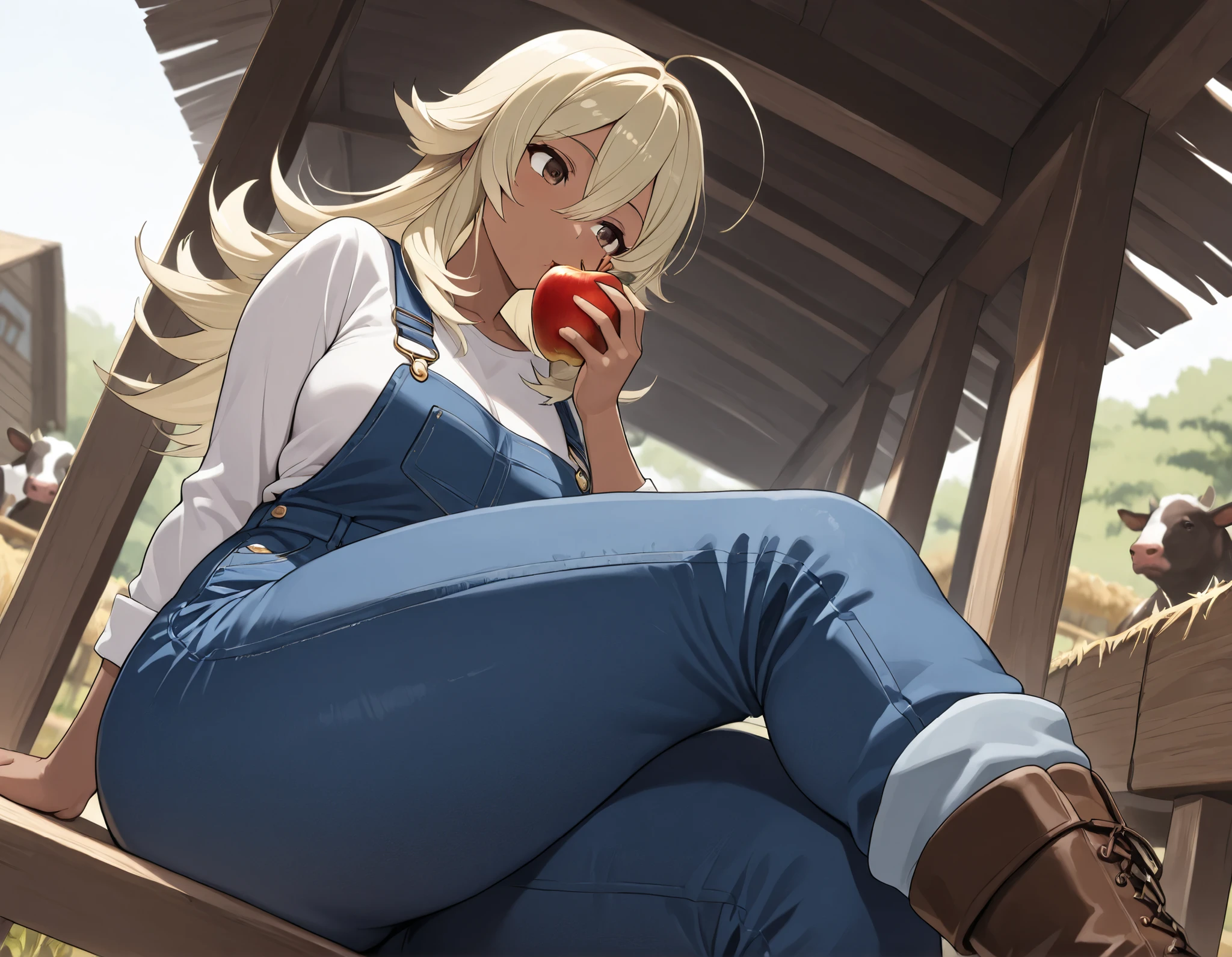 Takeda, masterpiece, detailed, extremely detailed face, perfect lighting, perfect anatomy, perfect body, perfect hands, perfect fingers, detailed face, detailed eyes, score_9, score_8_ up, score_7_ up, anatomically correct, {1girl}: (mature female, curvy, medium breasts, voluptuous, thick thighs, dark-skinned female, dark skin,(light blonde hair:1.2), spiky hair, long hair, ahoge, double-parted bangs, bangs between eyes, long hair, flipped hair, brown eyes), BREAK, blue denim overalls, brown boots, sitting, eating an apple, looking away, farm, monkeys, cows, sitting on a bale of straw, dynamic angle.