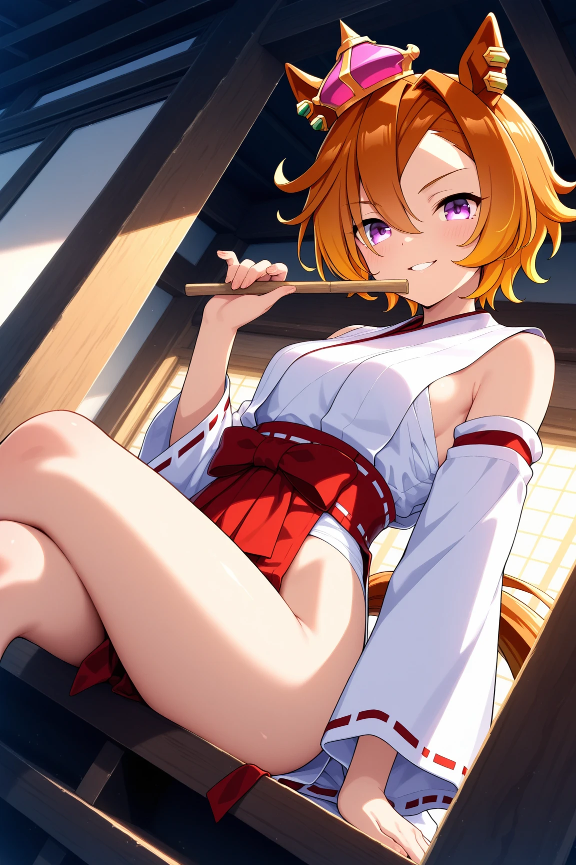 Beautiful girl wearing a short yukata with a white and red hem is squatting and touching her hair with one hand, looking at the camera, ((((background blur))), sandals with nose cords, bare feet, cotton underwear,