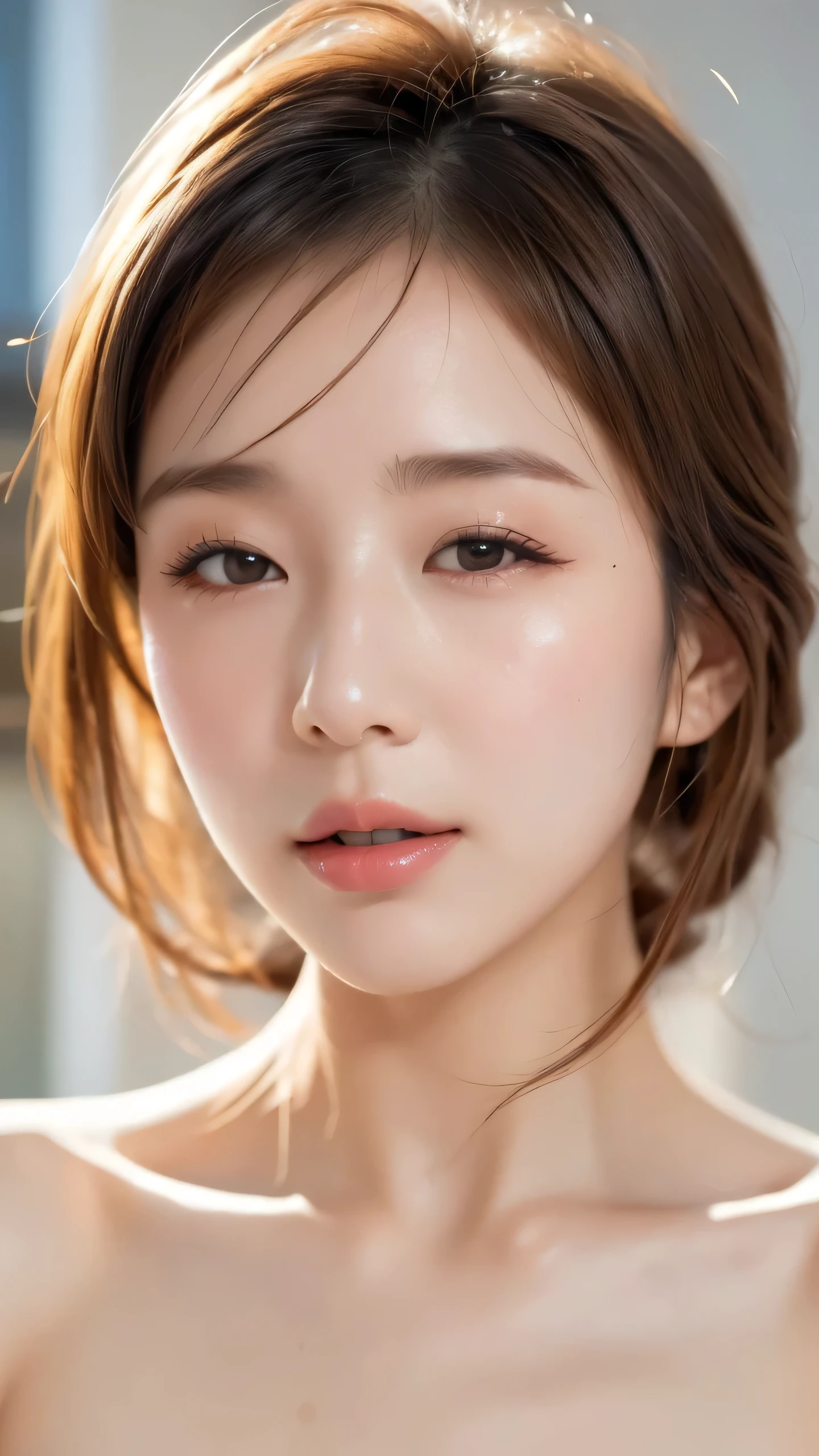 Highest Quality,8K, very detailed, in fine detail, high resolution, 8K wallpaper, One person、Face up where you open your mouth on the bed and seduce a man while naked、Riho Yoshioka、with closed eyes、