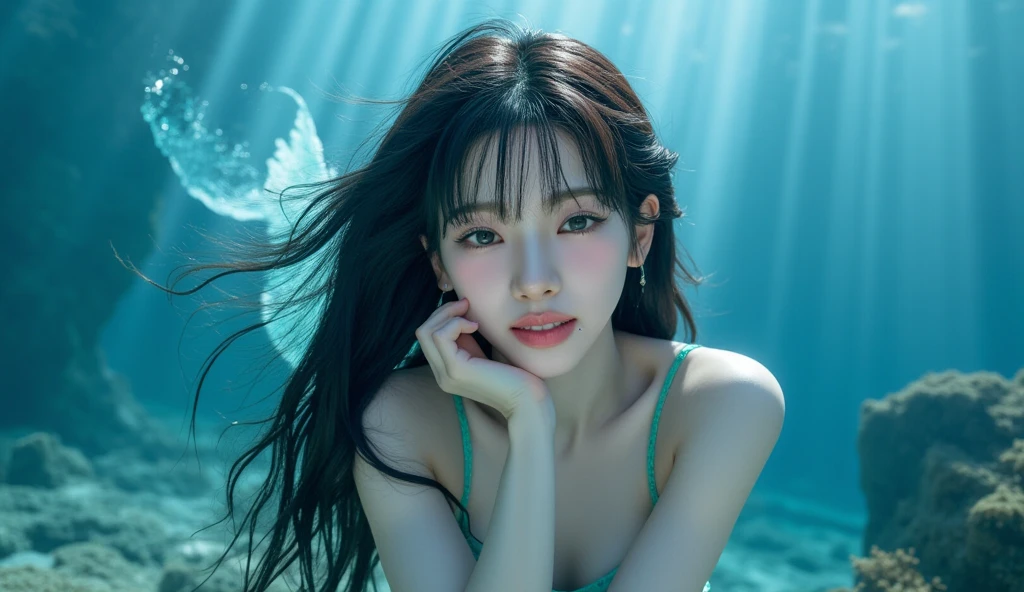 (in water)、((whole body))、20-year-old、1 girl、black hair、medium hair、Clothes、(White see-through dress)、(view view)、(best smile)、(8K、highest quality、masterpiece:1,2)、(realistic、Photoreal:1.37)、super detail、Pure Eros Face_v1、(beautiful detailed eyes)、(highest qualityの)、(Ultra Details)、(masterpiece)、(details face)、perfect body、(big breasts)、(choker)、cheek、pink lipstick、shiny hair、Description beautiful delicate hair、(Glossy skin)、seaweed shaking、(beautiful sea)、(in waterに射し込む光)、(coral reef)、tropical fish、(clear ocean)、cleavage、((swim under the sea))、((swim under the sea))、(in waterで広がる髪)、