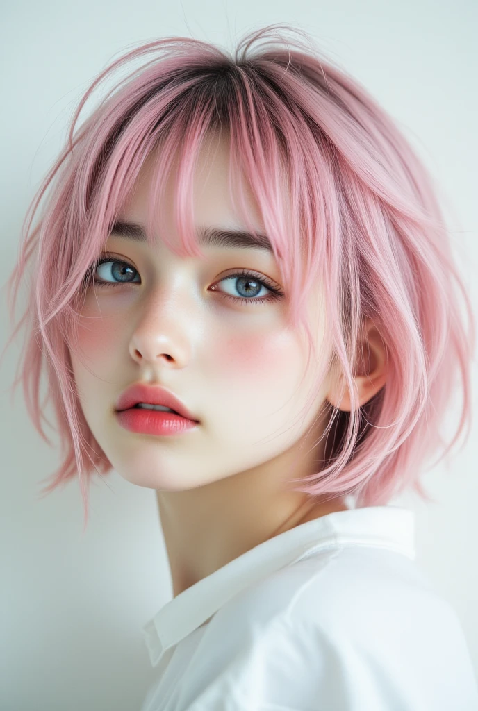 high quality,masterpiece,extremely detailed,high res,4k,ultra high res,detailed shadow,ultra realistic,realistic,dramatic lighting,1girl,solo,detailed face,realistic eyes,realistic skin,pink hair,dynamic pose, dynamic angle, white flowery dress, short hair cut,white background