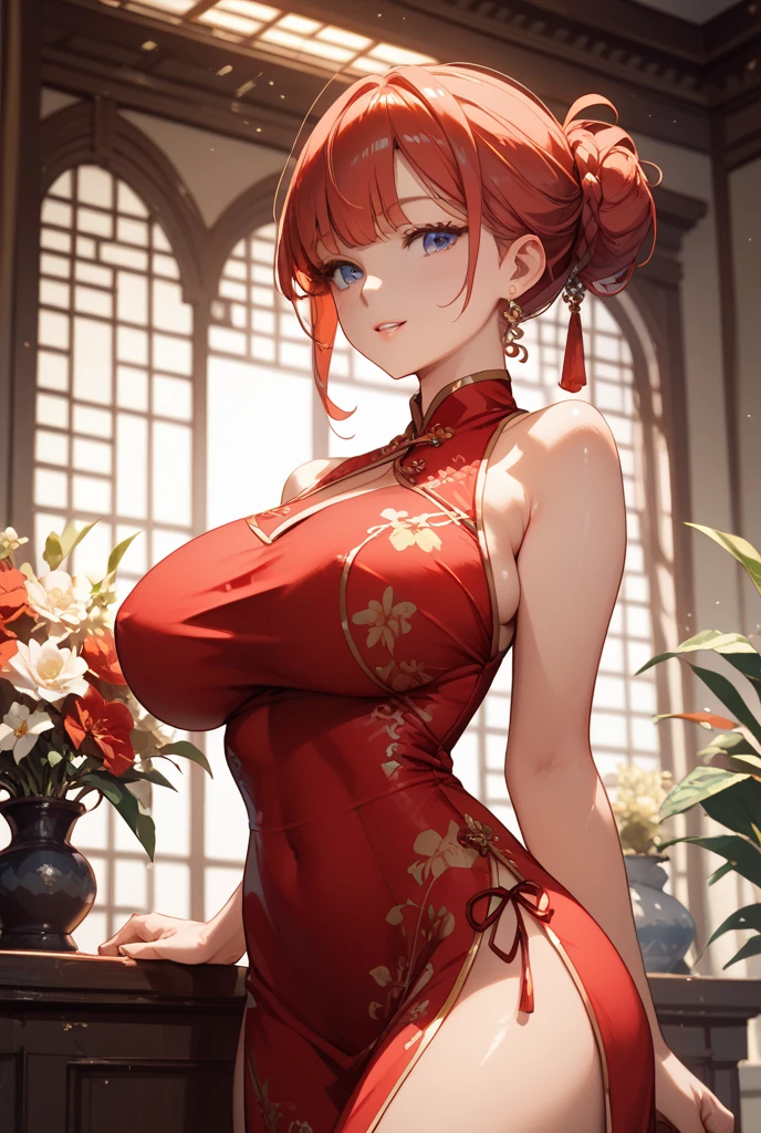 Highest quality、highest quality、Highest Resolution、beautiful girl, Bright red hair,Short Hair、Big Breasts、Hair clip, Detailed purple eyes, Red cheongsam like underwear,Firm breasts,Gold Necklace、Golden earrings、In close range