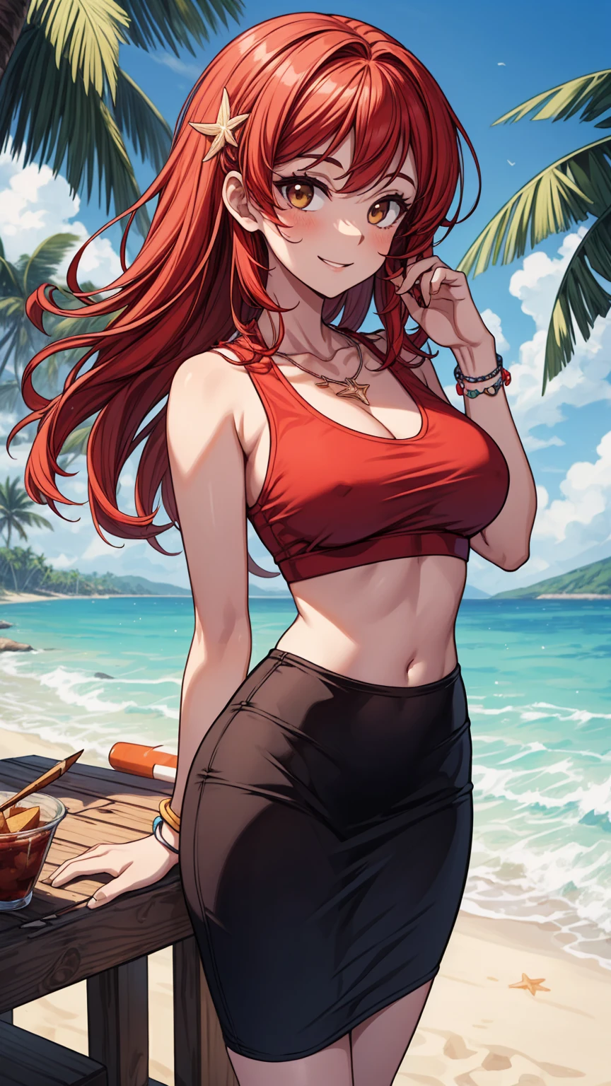 picture of a beautiful young red haired woman in a black bikini sitting on a beach, beautiful portrait, Sunrise, pink sky, blue sea, marin kitagawa fanart, seductive girl, thicc, she has a jiggly fat butt, large heavy breasts, cutesexyrobutts, beautiful alluring woman, (Masterpiece, Top Quality, 8k, dynamic)
