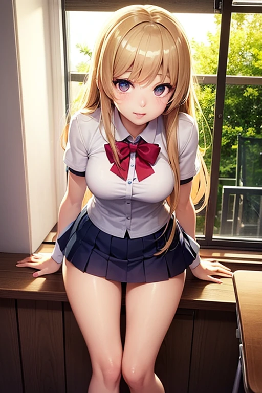 anime, beautiful face, highly detailed face, detailed perfect eyes, perfect hair, perfect lips, accurate arms, accurate hands, perfect legs, accurate footware. highly detailed background, front lighting, perfect lighting, full body, 1girl, solo, ruby hoshino, ruby, oshi no ko, heels, blonde hair, thighhighs, stockings, absurdres, high res, ultrasharp, 8K, masterpiece, looking at viewer, in a maid cafe, restaurant (sexy pose:1.4), (full body:1.3), waitress, maid mini skirt, nearly nude, lifting skirt, panties in view, beautiful panties, cleavage, stockings, full of delight, smiling full of compassion, blushed