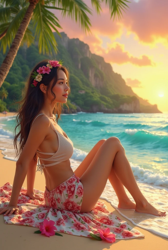 praia deserta ao amanhecer do dia, with clouds to the sky and a woman sitting in a lotus position