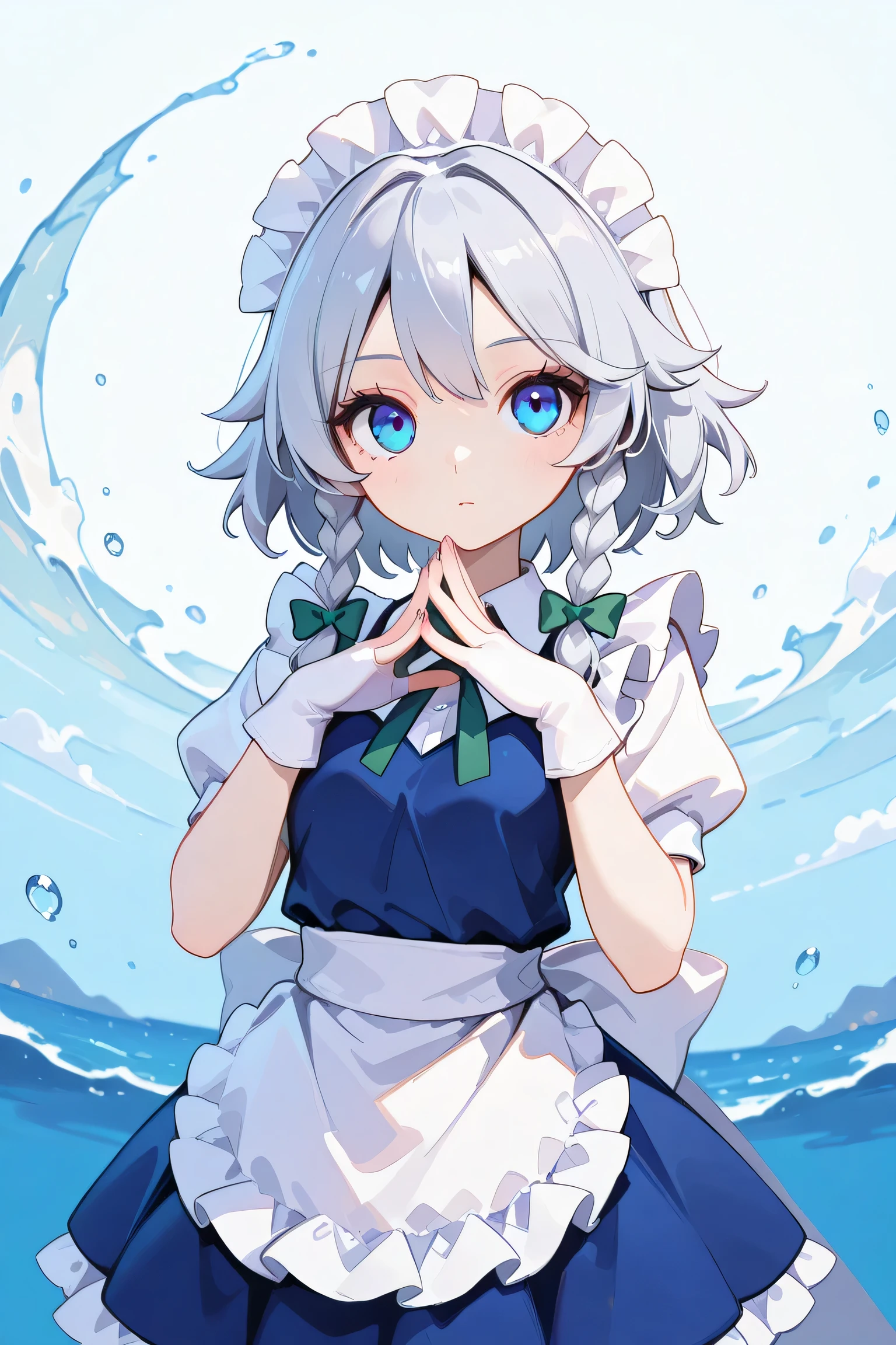 masterpiece, best quality, great quality, exquisite, beautiful quality, very exquisite, extremely exquisite, exquisitely exquisite, super exquisite, super high quality, super high resolution, beautiful face, exquisite face, exquisite eyes, beautiful eyes, clear eyes, exquisite knuckles, exquisite hands, beautiful hands, beautiful fingers, exquisite fingers, exquisite nails, beautiful background, exquisite background, sea background,
1 girl, absurd, blue eyes, braids, mouth closed, cowboy shot, eyelashes, gloves, hair ribbon, high resolution, Izayoi Sakuya, light red, viewer's gaze, maid, maid's headdress, medium hair, solo, twin braids,