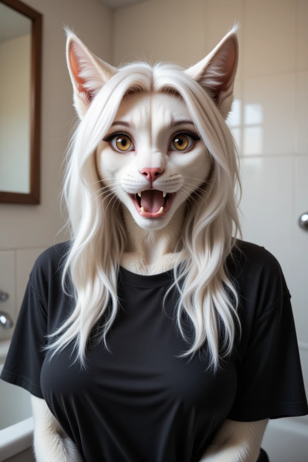 (4k photograph) of a y cat woman in her bathroom, (woman's face), (woman's eyes), (woman's eyebrows), (mascara), sexnthro cat girl, (beautiful woman's eyes), cat ears, (sexy geous feminine face), fuzzy texture, close up, (expressive surprised woman's face), fuzzy white skin. She is wearing a baggy oversized black t-shirt. long sleek white hair, (hazel eyes), covered in white fur, surprised expression, natural breasts, us woman's face), (photorealistic), well lit, highly detailed, detailed texture