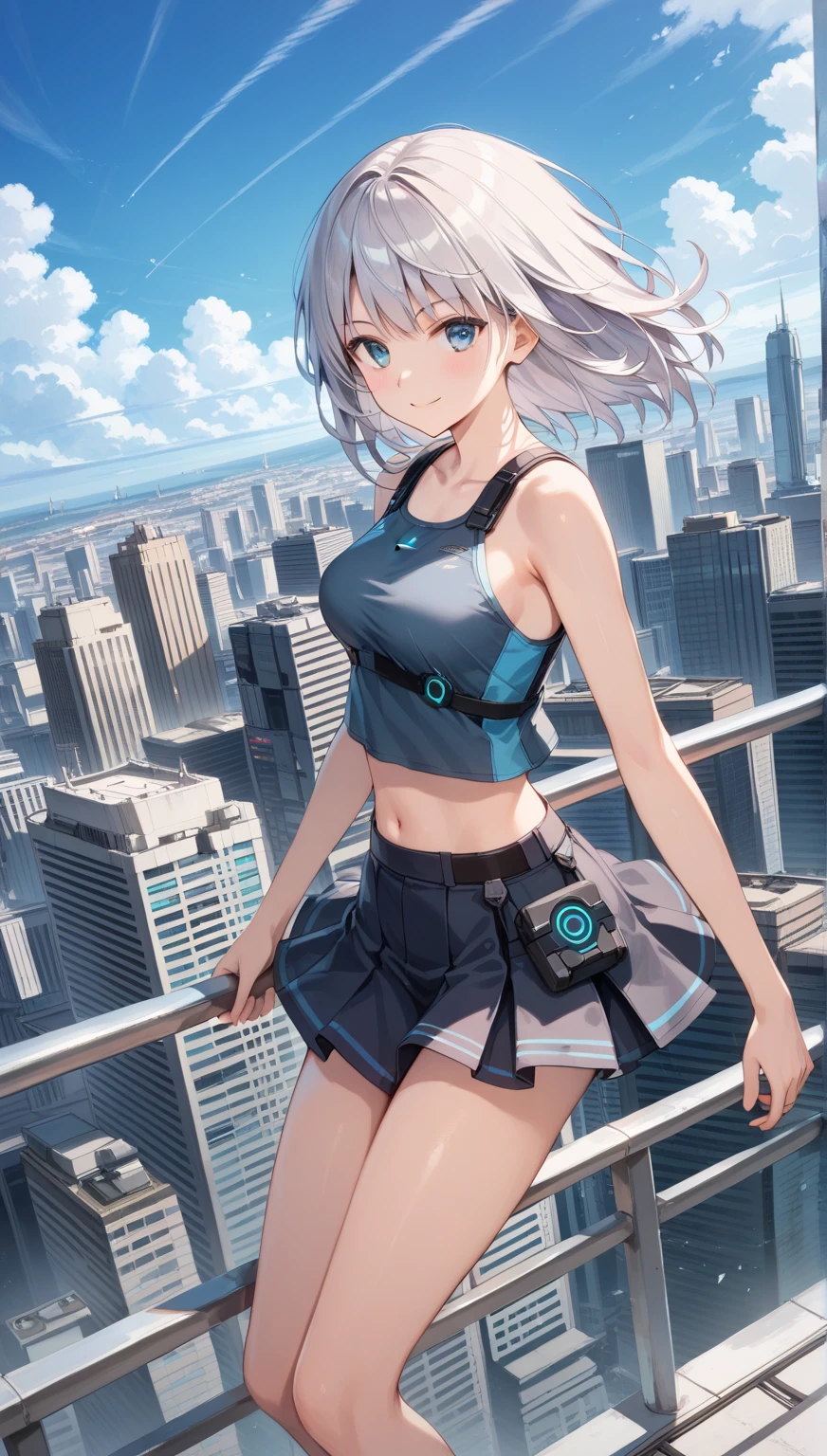 Blue eyes, Masterpiece, Best Quality, 8K, Photographic Reality, Realistic, Octane Rendering, Bustling Urban Streets of CHicago (1 Woman: 1.4), (Only One Woman on the Screen: 1.3), (Grey Shirt), (Black Hair in Ponytail), (Black shorts), (silver teardrop pendant), (Blue Eyes) Upper Body Display (Asian-American) (Fit, Athletic, Tall, muscular, strong)(Small Breasts) (Frost Giant)