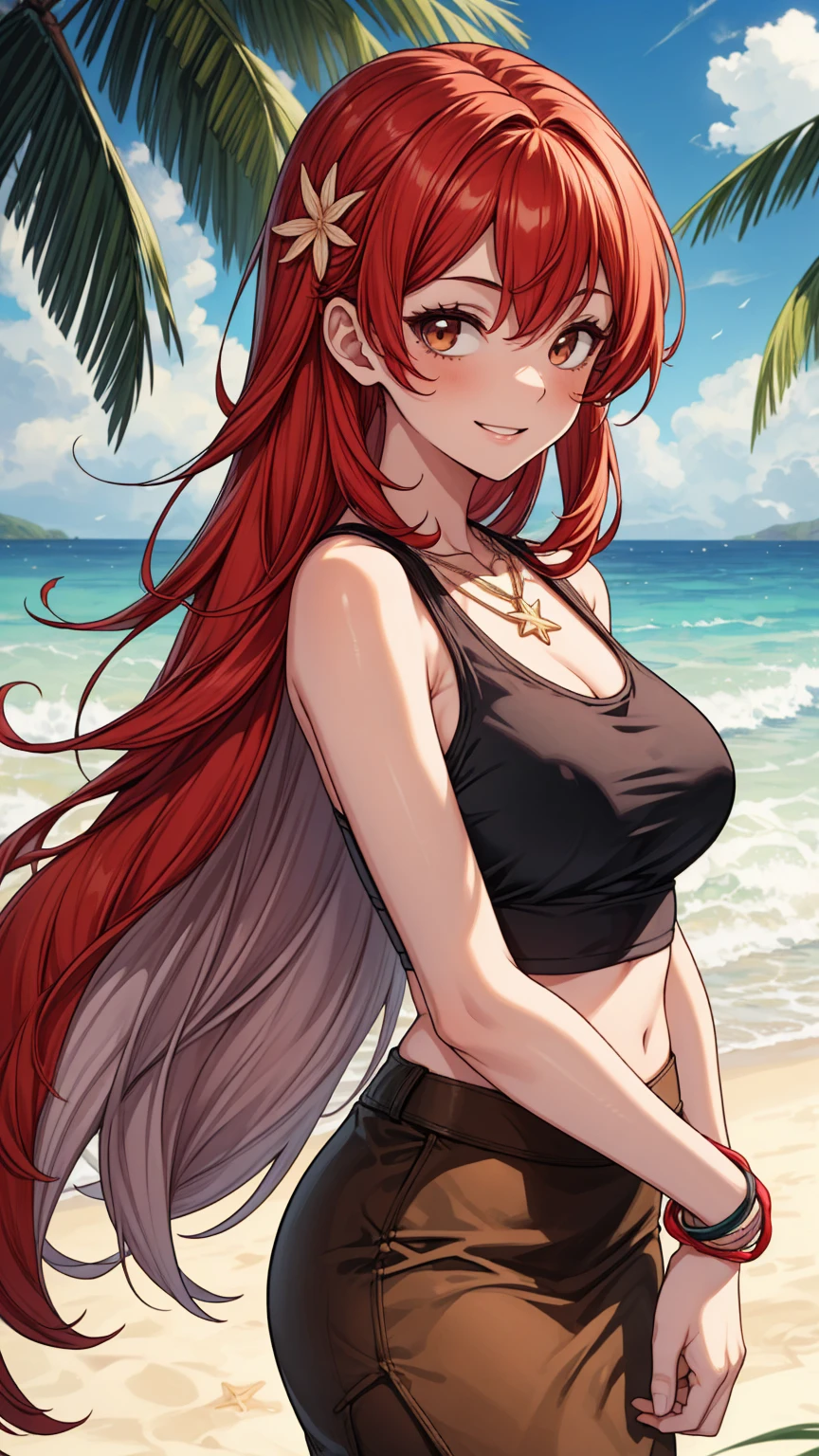 masterpiece, best quality, highres, zoo1,thin, narrow waist, green eyes, bangs, orange hair, very long hair, fox tail, dark skin, fox girl, tank top, green top bikini, jeans, belt, forest, cowboy shot, ABS,upper body, smile, pov, (blushes 1.5), strong orgasm, underboob, sitting on the viewer in the pose of a rider