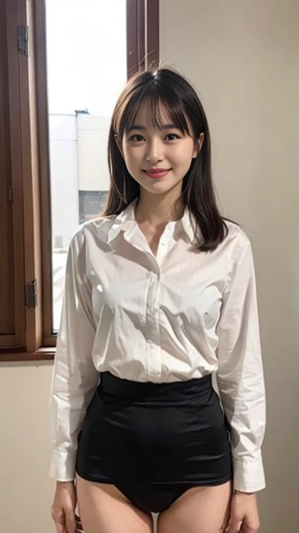 highest quality,masterpiece,Ultra-high resolution,(Realistic:1.4),Beautiful lighting, (Highly detailed CG Unity 8k wallpaper), Beautiful face in every detail,Detailed clothing, 50mm portrait photography, No background、One Girl,Big black eyes, cute, young, stop temporarily, Facial Lighting, Physically Based Rendering,Written boundary depth , Black Hair, short hair, ((Take from above)), Japanese women、20-year-old、White blouse、(Big Breasts)、Young and beautiful woman taking a selfie, Taken with iPhone camera、In front of a white wall、She is wearing only beige pantyhose