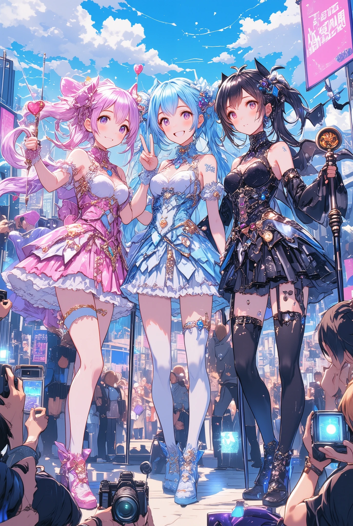 a group of three anime-style girls wearing colorful magical girl cosplay outfits, posing confidently together at an outdoor cosplay event,  
each girl has a distinct costume theme: one with pink and white frills and a heart wand, one with a blue icy motif and staff, and one with dark gothic elements and bat wings,  
they are surrounded by a crowd of photographers with cameras, some flashes going off,  
the girls stand close together with cheerful expressions and dramatic poses, one making a peace sign, one holding her wand to the sky, and one casting a mock spell,  
their outfits sparkle with magical light effects, ribbons and gems glowing softly,  
background shows a city rooftop event space under clear skies, with event banners and other cosplayers visible in the distance,  
high-quality anime illustration with vibrant lighting, magical effects and a sense of excitement