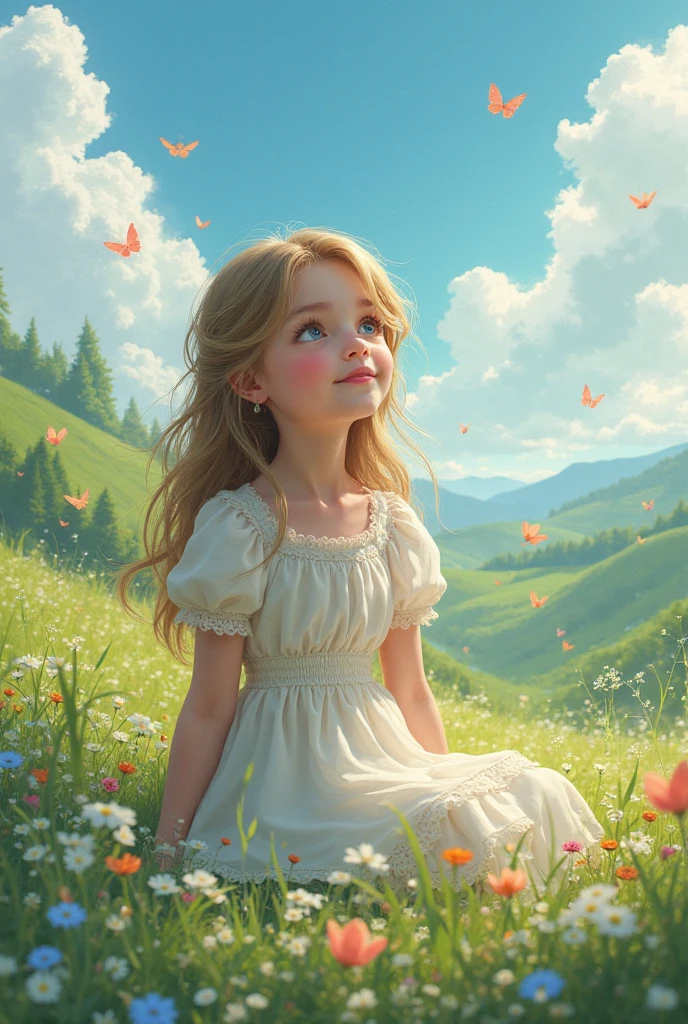 Illustration of a girl, 1 blonde child of "10 years", "happy" in an enchanted flower garden, wearing long dress of braco and blue color, blue sky of clouds, playing with butterflies, beautiful illustration, beautiful UHD 4k art, a beautiful art illustration, art in the style of guweiz, atey ghailan 8K, artgerm and atey ghailan, girl, 1 blonde child of "10 years", wearing long dress of white and blue color, happy in an enchanted flower jadim, playing with butterflies, (butterflies). (best quality, masterpiece), pose, particles, wind, flower, full body, enchanted garden background, looking at the butterflies. --auto