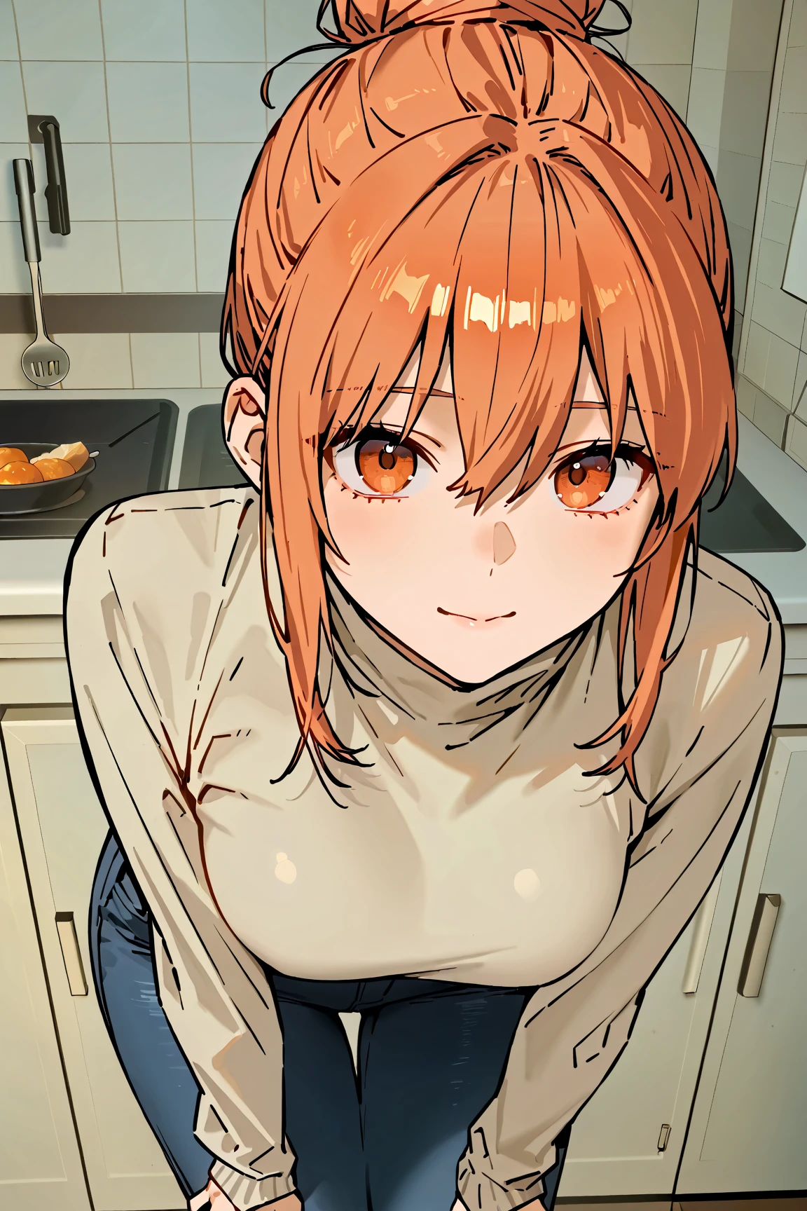 (extremely detailed CG unity 8k wallpaper), (masterpiece), (best quality), (ultra-detailed), (best illustration), (best shadow), (absurdres),    <lora:yuigahama-12:0.7>, yuigahama, open mouth, smile, sweater, :d, hair between eyes, looking at viewer, turtleneck, 1girl,  upper body, single hair bun, orange eyes, hair bun, shiny hair, teeth, brown eyes, solo focus, long hair