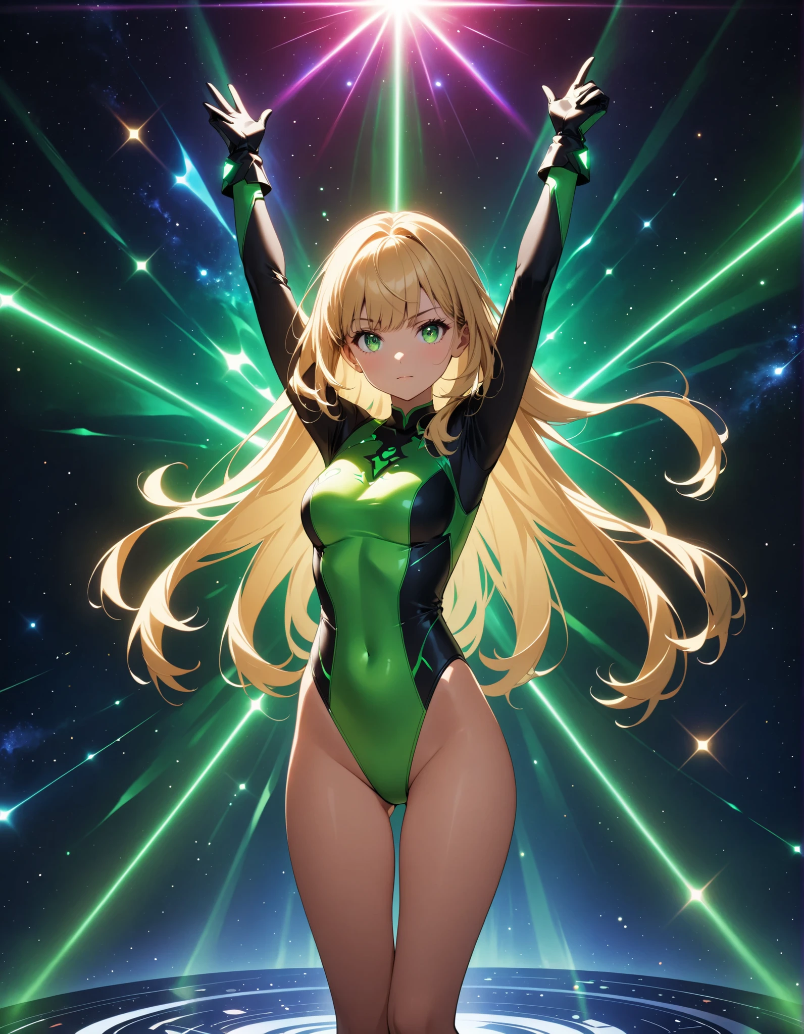 1girl, futuristic, hip sway, large breasts, swaying hips, thick thighs, blonde hair, wide hips, bouncing breasts, hands behind head, arms behind back, anime style, 2d, anime screencap, dancing, dance