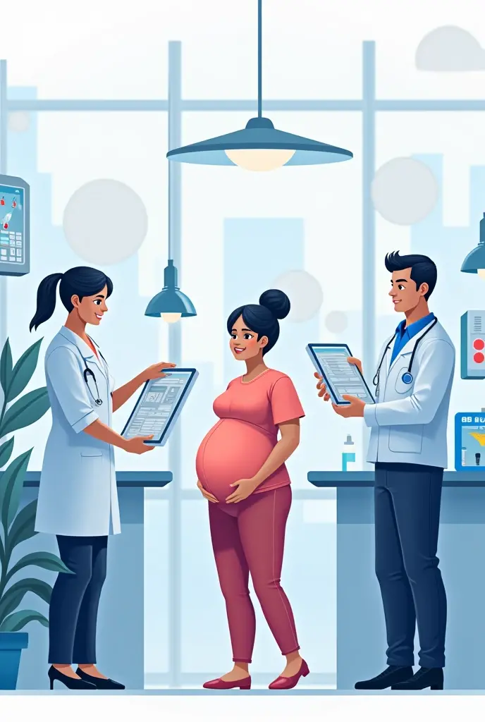 Create an image that illustrates all people who gestate, who can go through pregnancy. The image should contain several people. health workers, health students, trans men 
