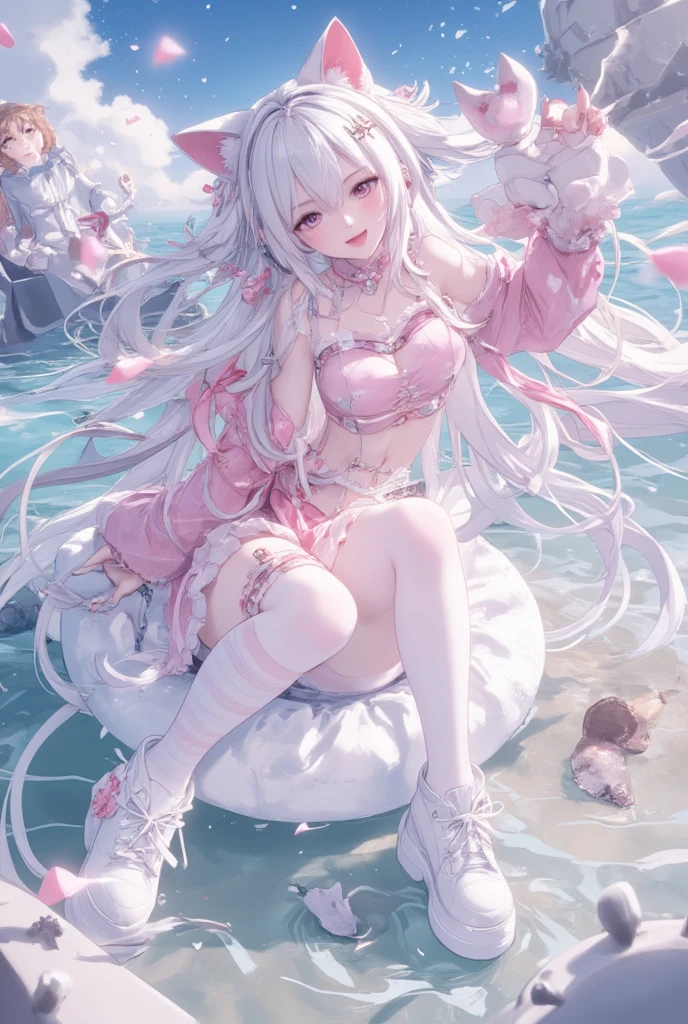 1girl, absurdres, bikini, black_bikini, black_jacket, bracelet, round chest, closed_mouth, smile,happy collarbone, commentary_request,alice (nikke), hair_ornament, hairclip, highre, idolmaster, idolmaster_shiny_colors, jacket, jewelry, large_chest, looking_at_viewer, multiple_bracelets, navel, off_shoulder, open_clothes, open_jacket, pearl_bracelet, purple_eyes, long_hair, side-tie_bikini_bottom, signature, strap_slip, swimsuit, twintails, very long hair, grey hair, headset with baby bunny ears, pink eyes, shrug \(clothing\), multicolored gloves,sitting in a beach,lay on towel,full body,sexy pose,hand hold a drink,sitting underneath a beach umbrella ,whole body ,3/4 angle, fish fov

BREAK

((masterpiece)), (top quality), (best quality), (((ultra-detailed, 8k quality))), (large masterpiece digital art), (detailed line art), ((perfect anatomy)), extremely detailed body, extremely detailed finger, best hands, perfect face,perfect ears, beautiful face, (blush), extremely detailed eyes, ((expressive eyes)), gradient eyes, beautiful eyes,glowing eye pupils,perfect ears,perfect eyes, perfect fingers,perfect nails,

BREAK

(intricate background of scene decorations), beach space,after noon atmosphere,after noon light,sandy beach,pov eye,1 lighting,dynamic lightin,palm trees,sea starts,sparkles,calamari on the bach,rocks,1towel1 drink,beach umbrella 