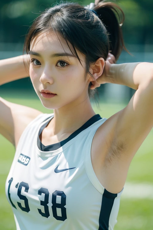 (best quality:1.2), masterpiece, Realistic, Ultra-high resolution, ((a beautiful Japanese idol 12 years old woman:1.2)), (Gaunt:1.3), (((Very flat chest:1.4))), ((Baby Face)), (((Show me your sweaty armpits:1.2))), ((Upper Body:1.4)), (arms up), (focus on her armpit:1.3), ((Armpits are wet and shiny with sweat)), She has skin that sweats easily Soaking wet, (athletics stadium, track and field athlete:1.2)