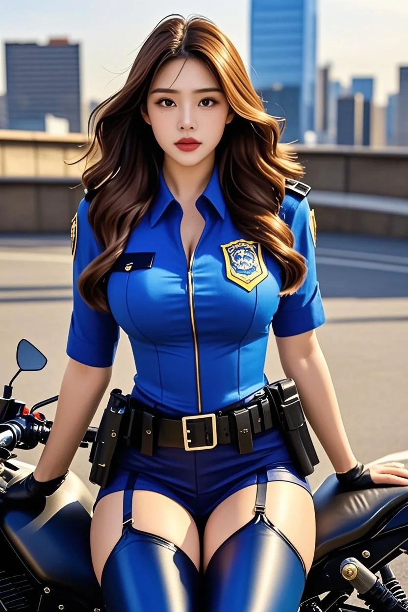 1girl, policewoman, delicate beautiful face, blushing, eating lollipop, various hairstyles, plump breasts, bulging buttocks, soaked body, wearing a blue shirt with police badge, black tie, black skinny leather pants, black boots, white gloves, wearing sunglasses, wearing a helmet, chest close-up, buttocks close-up, perfect proportions, detailed costume details, water drop effect, liquid effect, motorcycle, police light effect, futuristic city, high-tech scene, high quality, masterpiece, 8K,