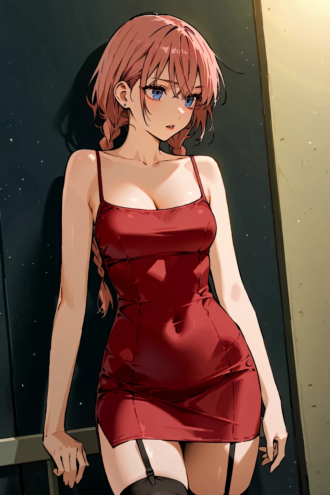 1girl, solo, makima, braided ponytail, ringed eyes, (masterpiece), best quality, expressive eyes, perfect face, a close up of a woman in a red dress standing in front of a mirror, wearing an evening gown, wearing an elegant dress, in a red dress, wearing a red dress, elegant red dress, wearing red dress, red dress, in long red or blue dresses, girl wears a red dress, she arrived in a red dress, elegant dress, with a thin waist, tes